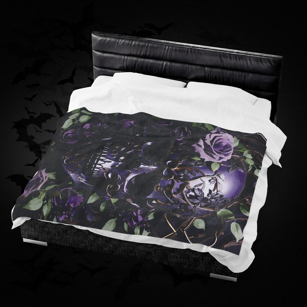 Gothic Black & Purple Botanical Skull Throw Blanket — Dark Floral Home Decor