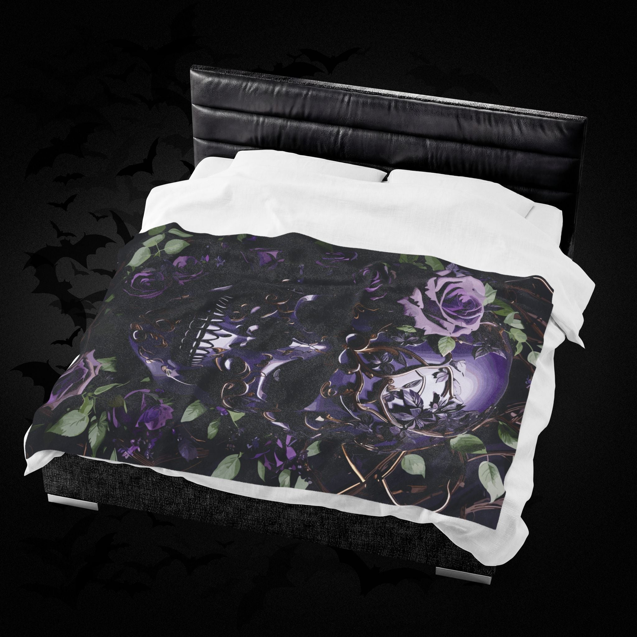 Gothic Black & Purple Botanical Skull Throw Blanket — Dark Floral Home Decor