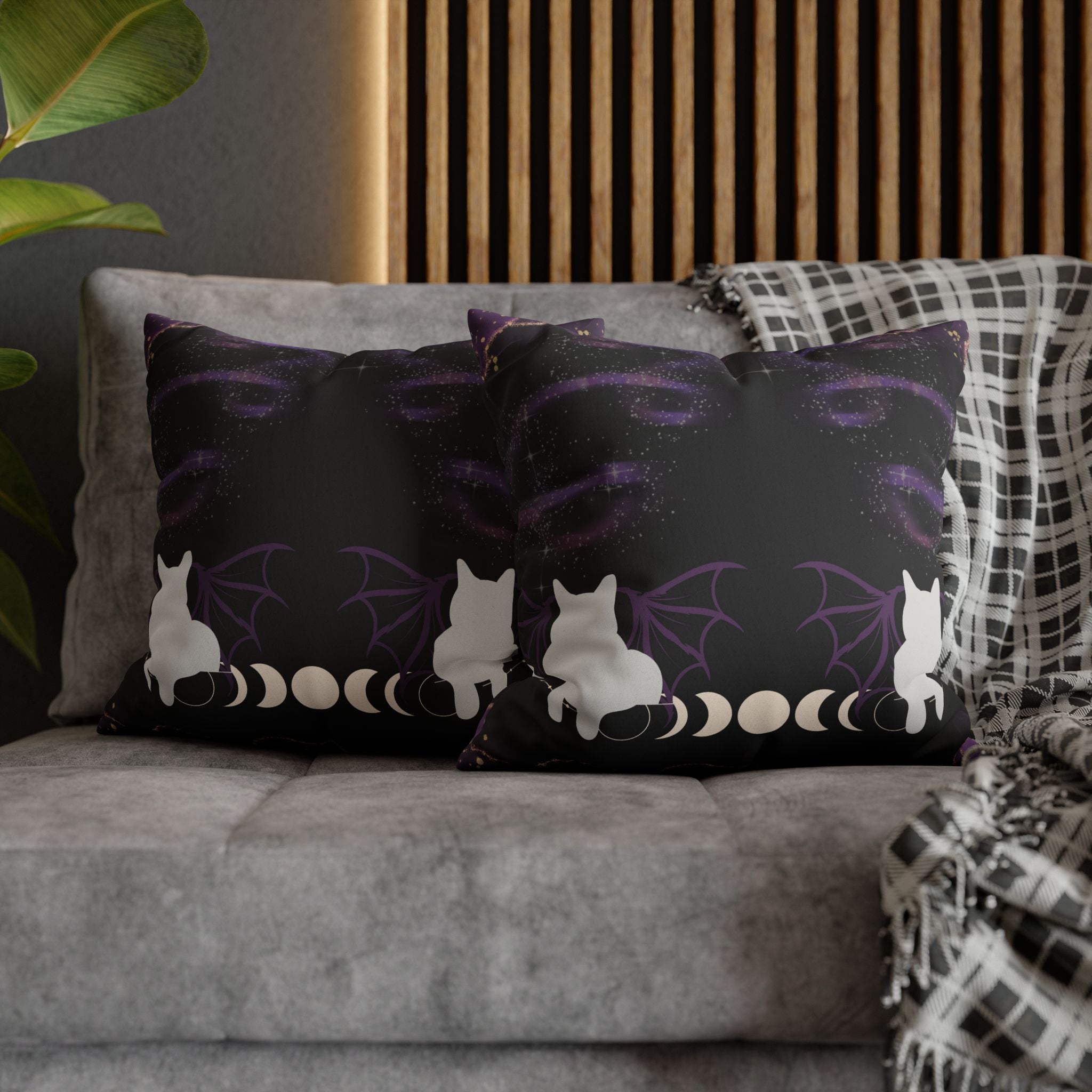 Gothic Bat Wing Cat Moon Phases Throw Pillow — Purple Celestial Dark Home Decor