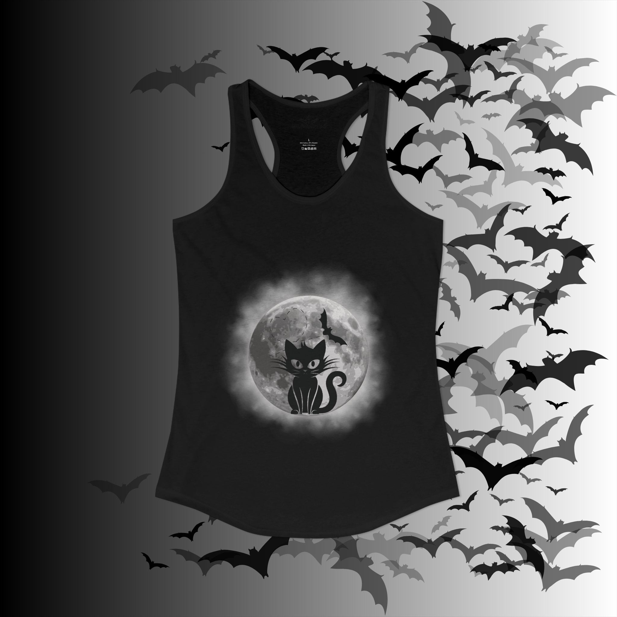 Gothic Black Cat Full Moon Racerback Tank Top — Witchy Sleeveless Shirt