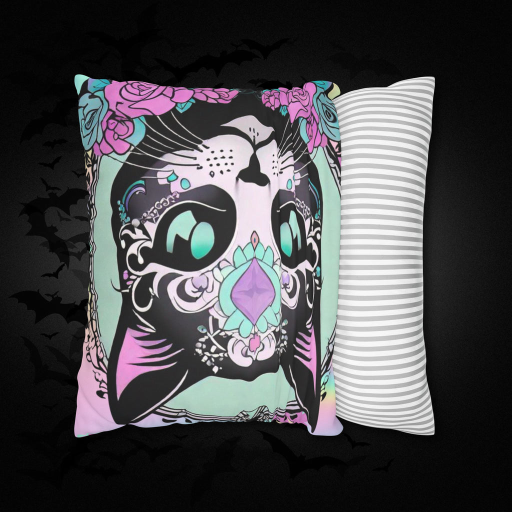 Pastel Goth Sugar Skull Cat Throw Pillow — Floral Gothic Home Decor