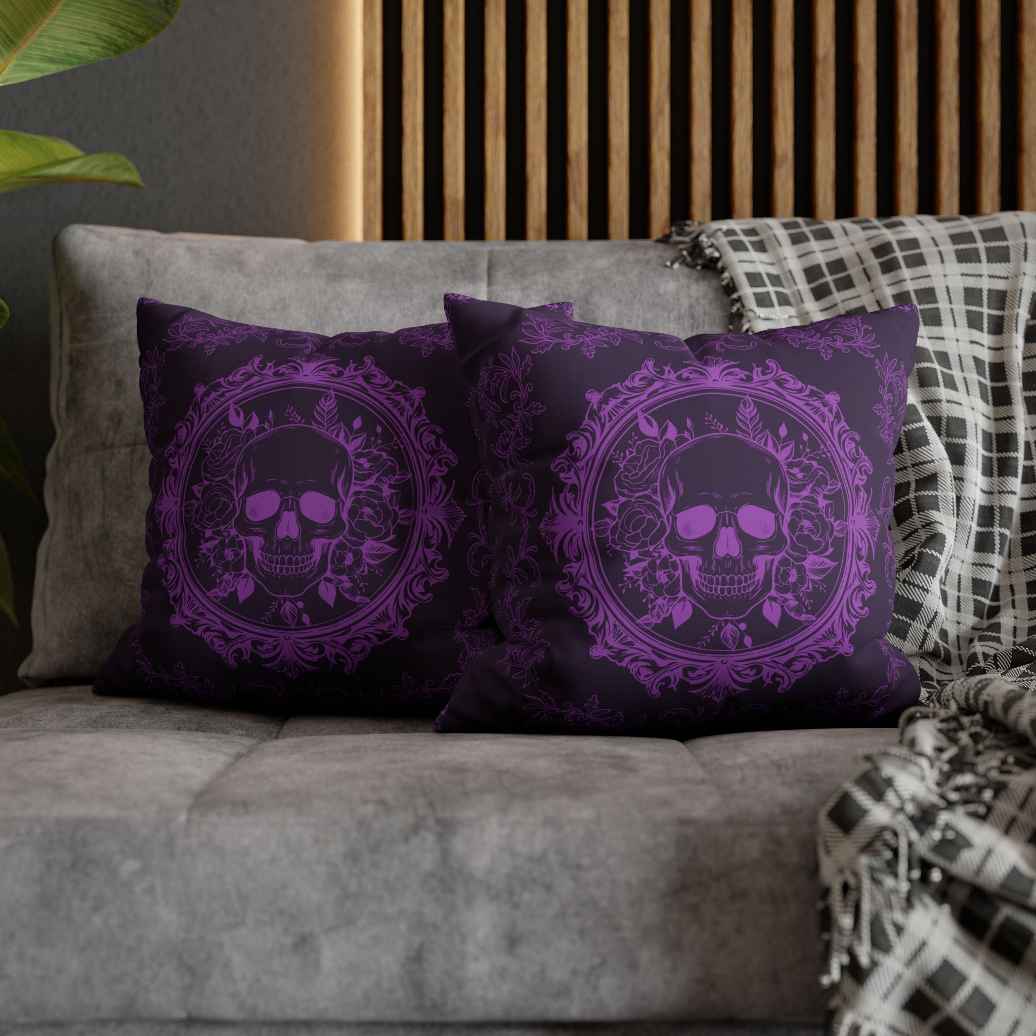 Purple Gothic Floral Skull Throw Pillow — Baroque Botanical Dark Home Decor
