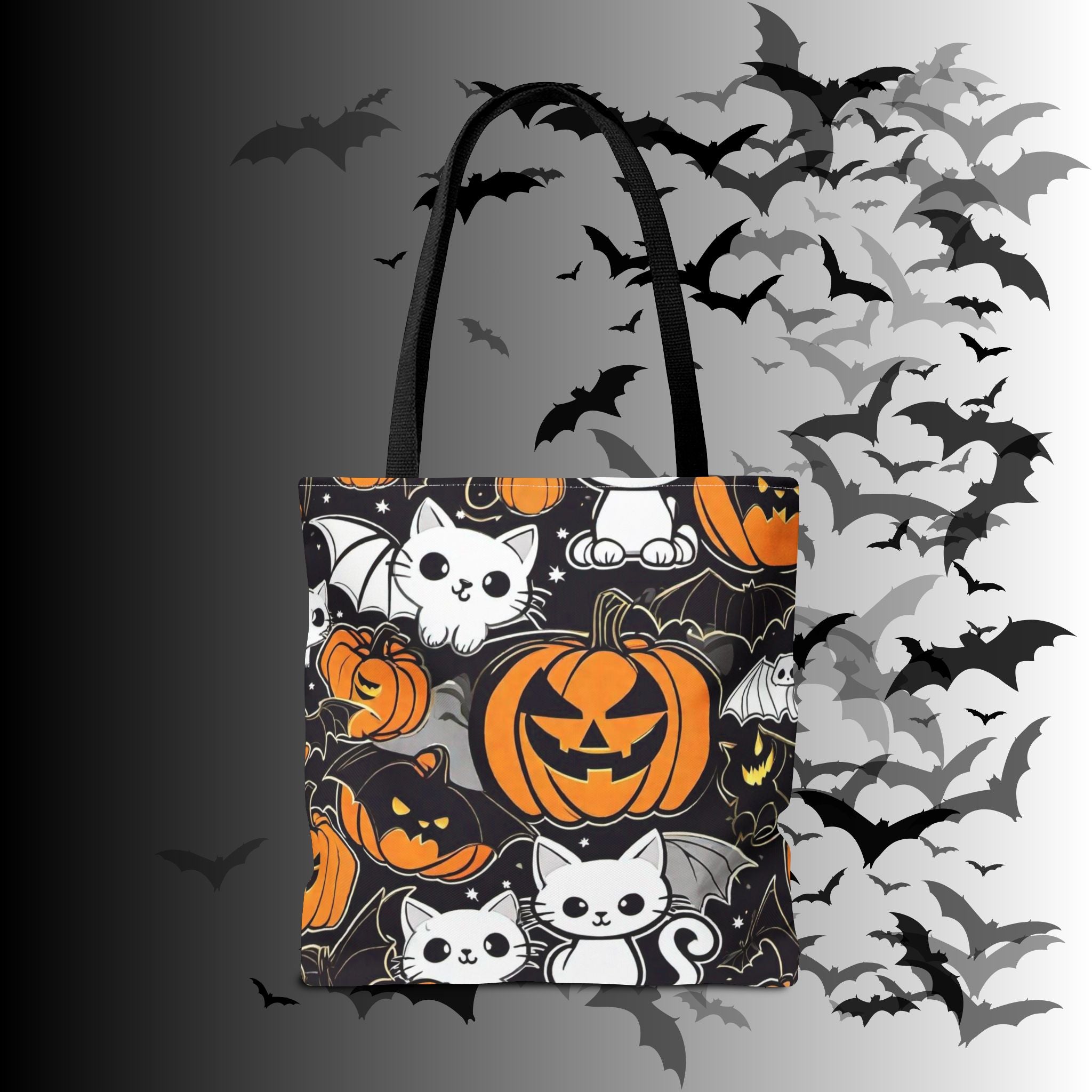 Kawaii Bat Cat Halloween Tote Bag — Dark Pumpkin Pattern