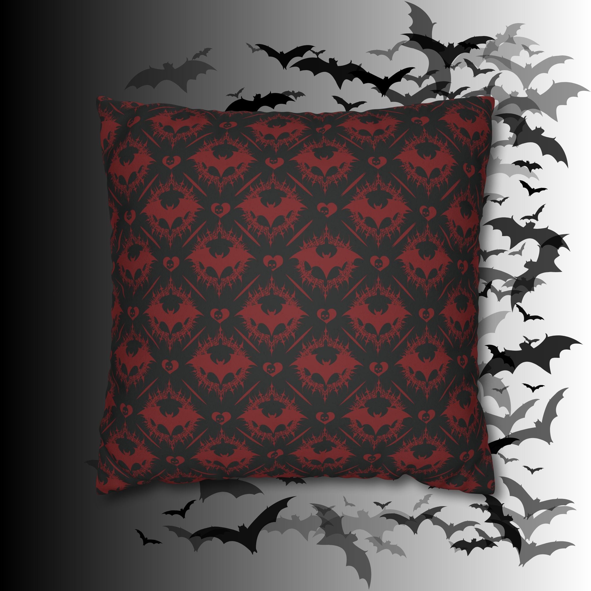 Gothic Bat Diamond Pattern Throw Pillow — Midnight Black Dark Home Decor