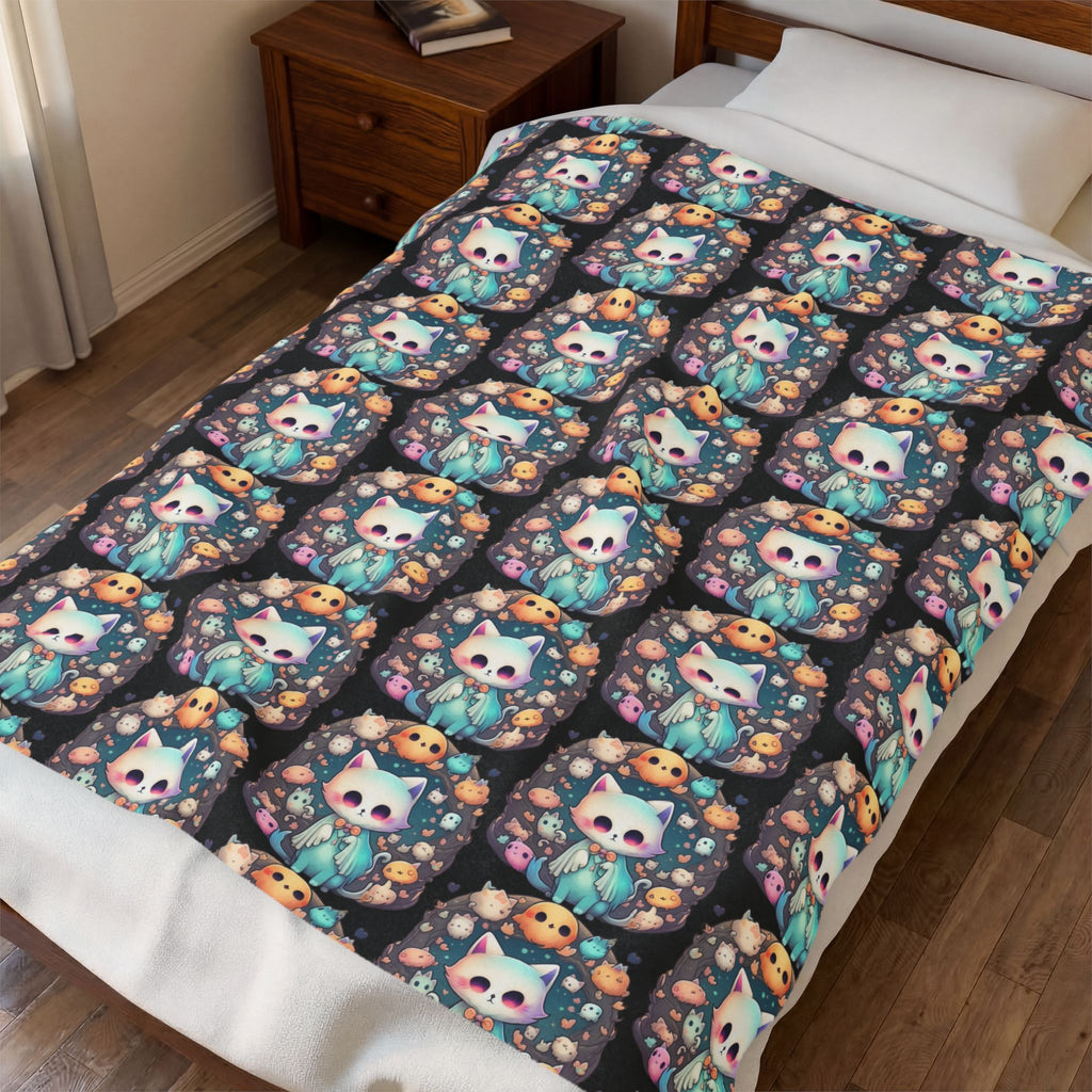 Creepy Cute Kawaii Cat Throw Blanket — Pastel Goth Ghost Dark Home Decor