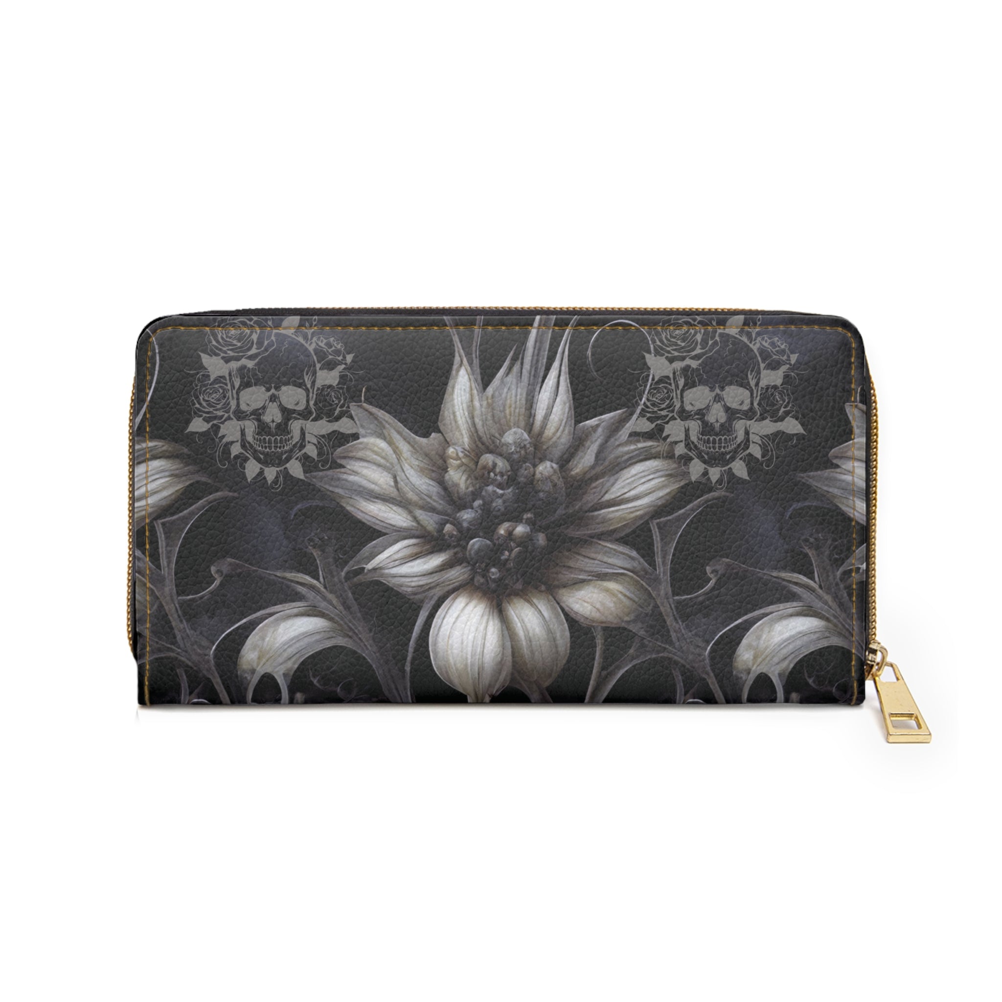 Gothic Botanical Dahlia Skull Wallet | Dark Floral Faux Leather Zipper Clutch