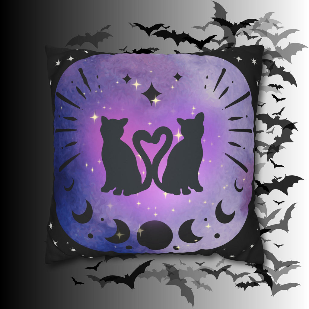 Lunar Love Cats Moon Phases Throw Pillow — Celestial Gothic Dark Home Decor