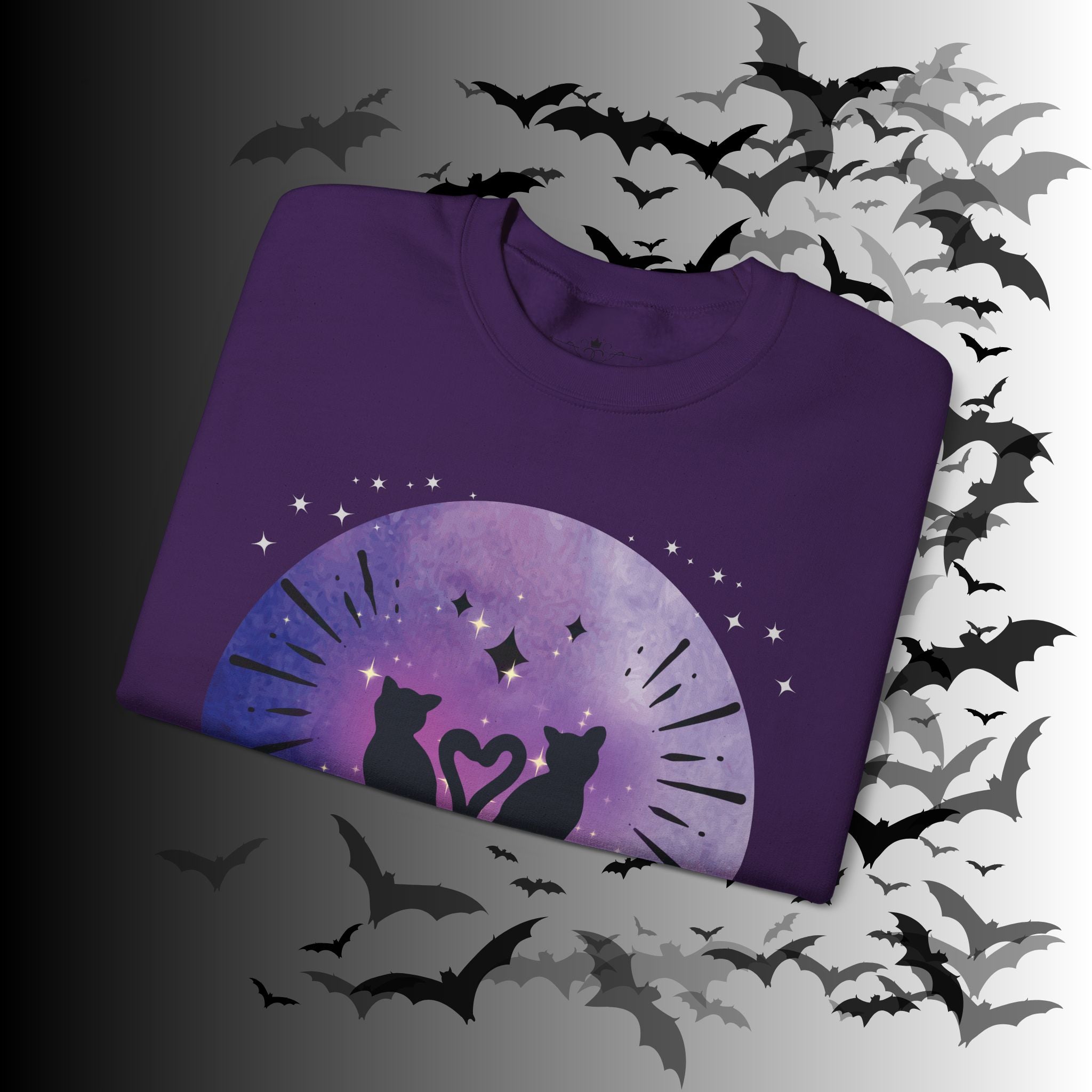 Celestial Twin Cats Heart Moon Crewneck Sweatshirt — Witchy Moon Phase