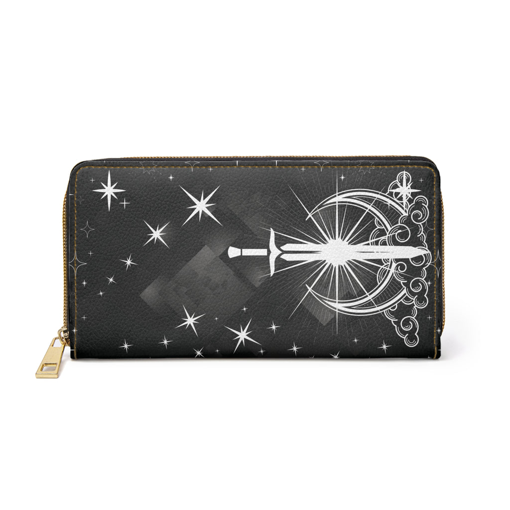 Gothic Celestial Sword Moon Wallet | Witchy Faux Leather Zipper Clutch