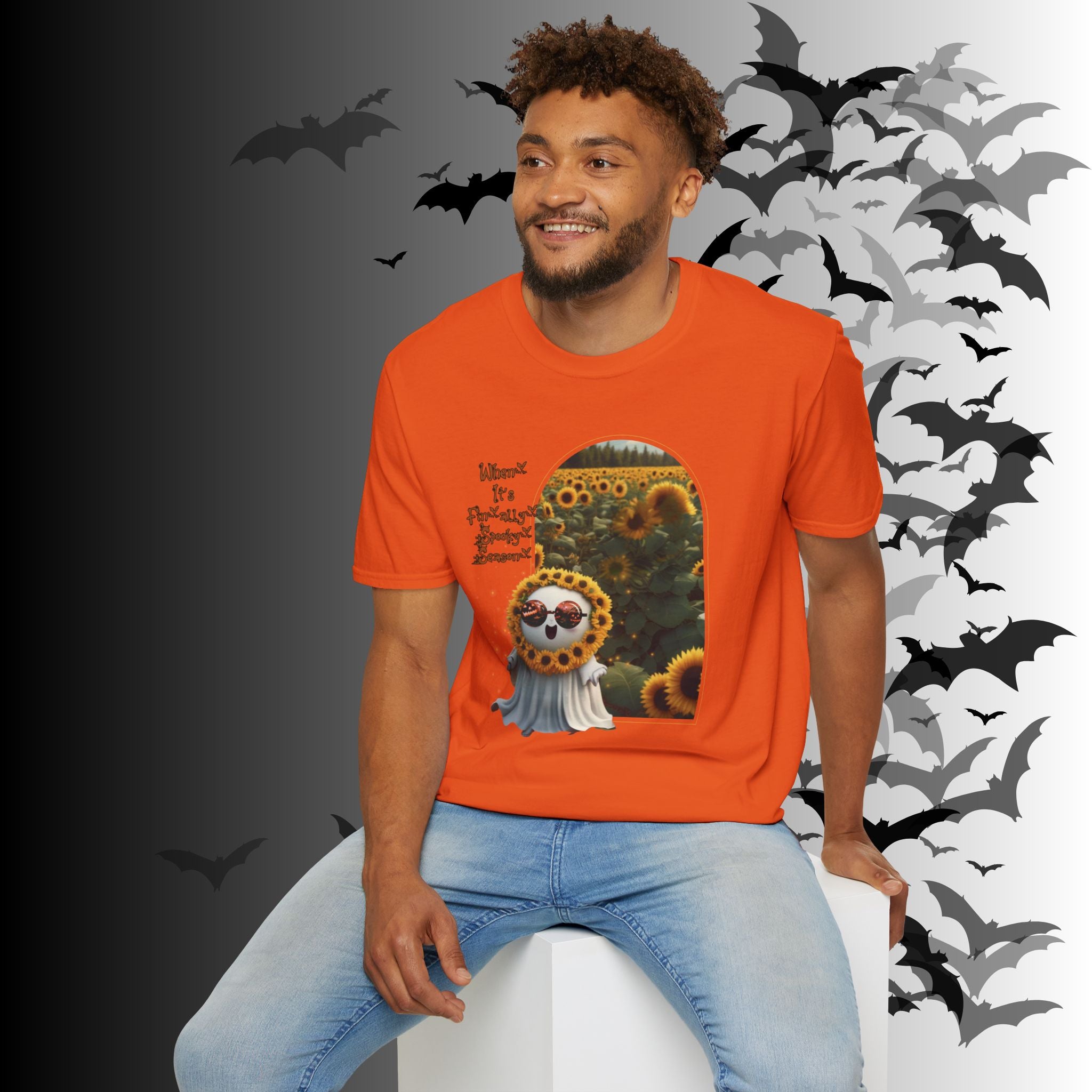 "When It's Finally Spooky Season" Ghost Sunflower T-Shirt — Halloween Tee