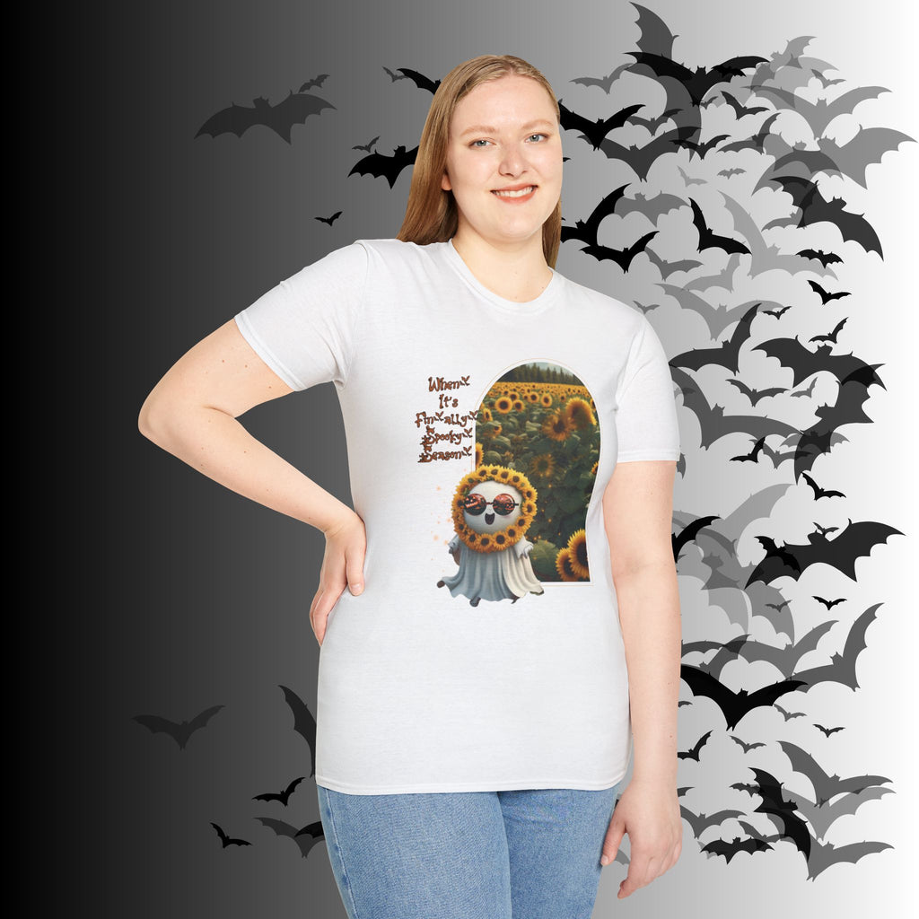 "When It's Finally Spooky Season" Ghost Sunflower T-Shirt — Halloween Tee