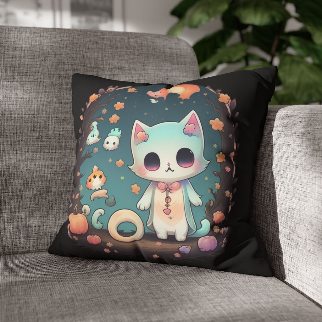 Creepy Cute Pastel Goth Cat Throw Pillow — Kawaii Halloween Dark Home Decor