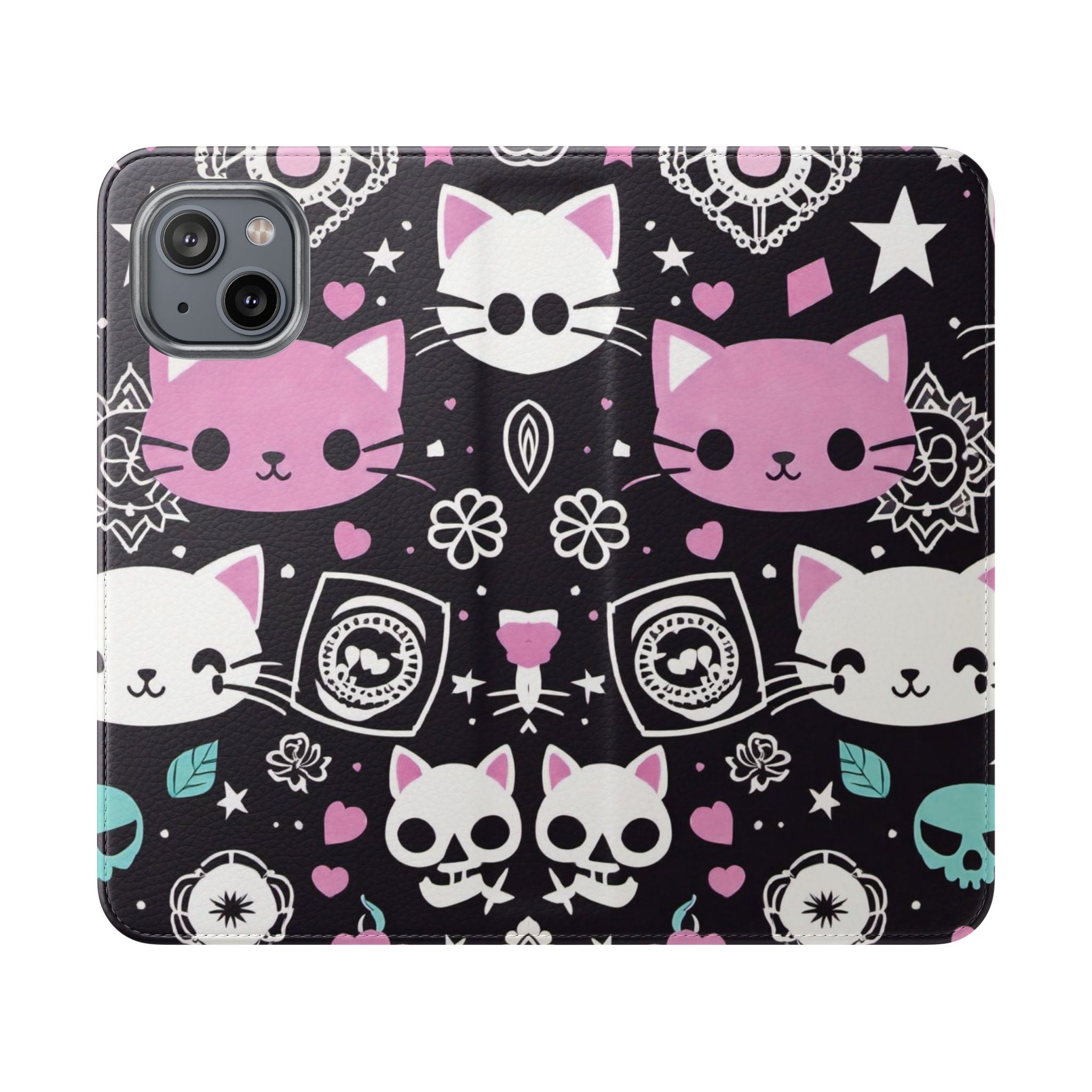 Pastel Goth Cat Flip Wallet Phone Case - Goth Cat Wallet Case for Samsung iPhone - Gothic Style Cats Wallet Phone Cases