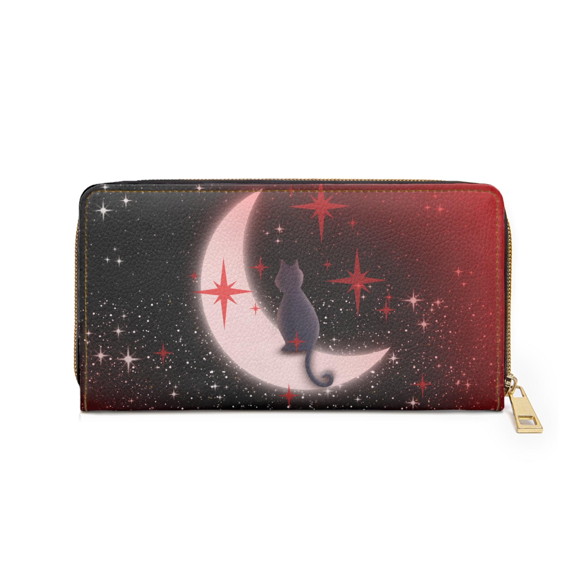 Gothic Celestial Cat Moon Wallet | Crimson Starfield Faux Leather Zipper Clutch