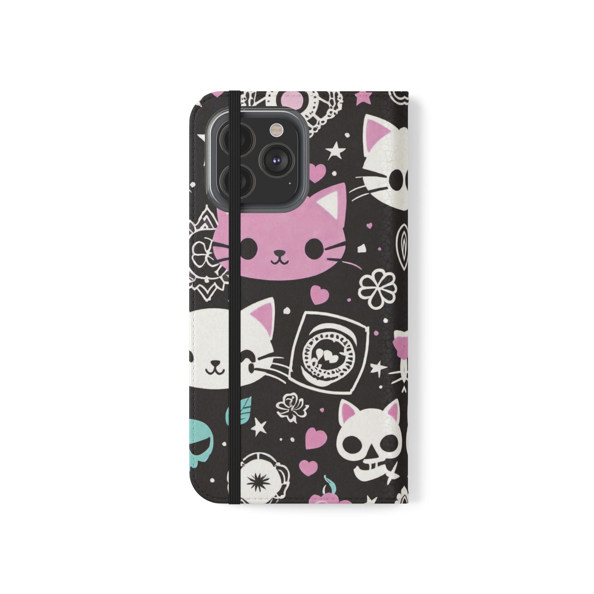 Pastel Goth Cat Flip Wallet Phone Case - Goth Cat Wallet Case for Samsung iPhone - Gothic Style Cats Wallet Phone Cases