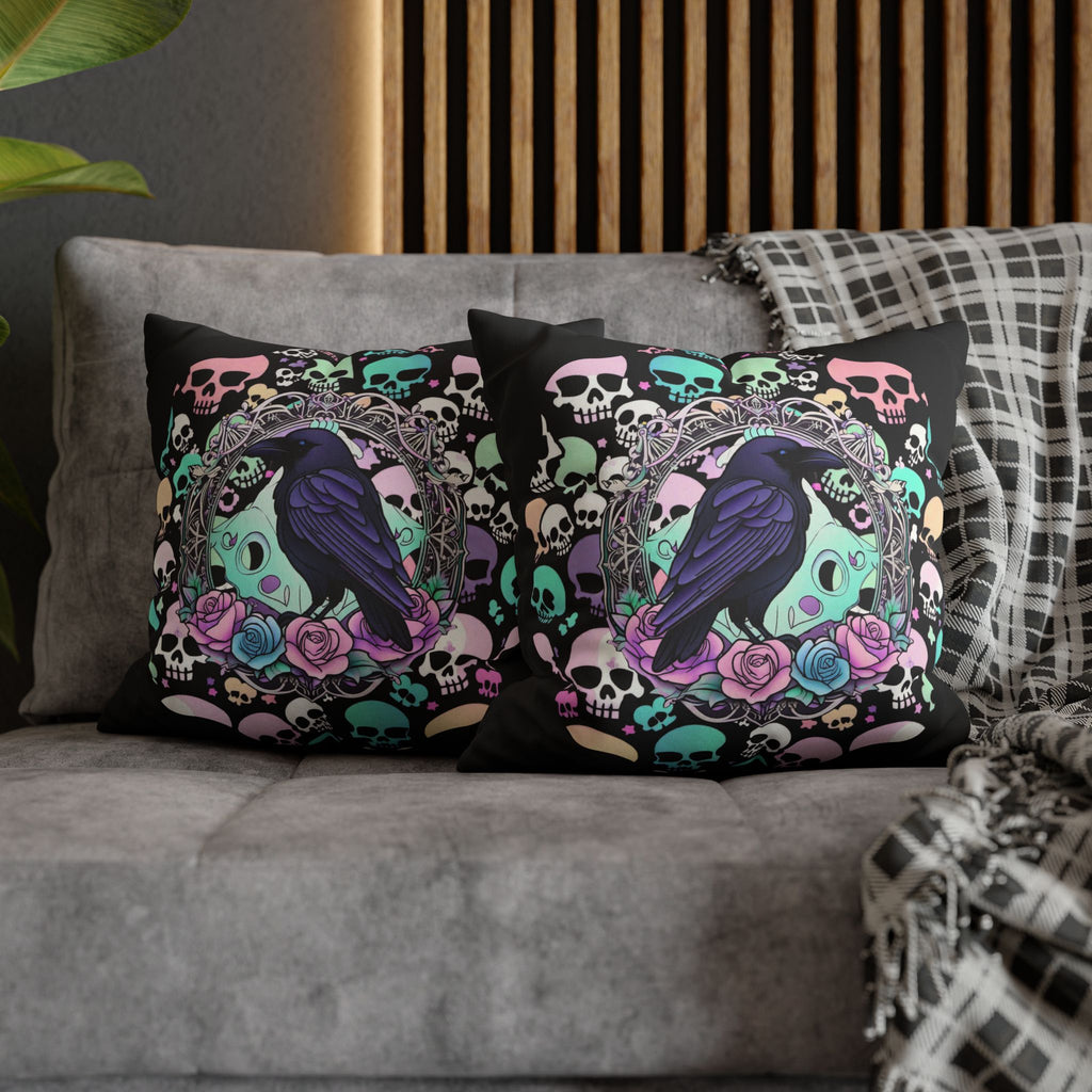 Pastel Goth Raven Skull Throw Pillow — Dark Floral Gothic Home Decor
