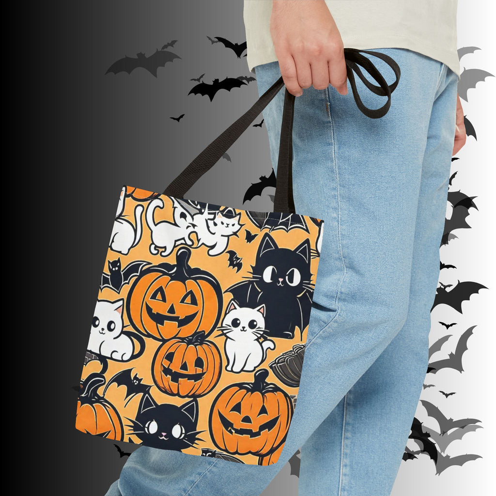 Kawaii Halloween Cat & Pumpkin Tote Bag — Spooky Cute Pattern