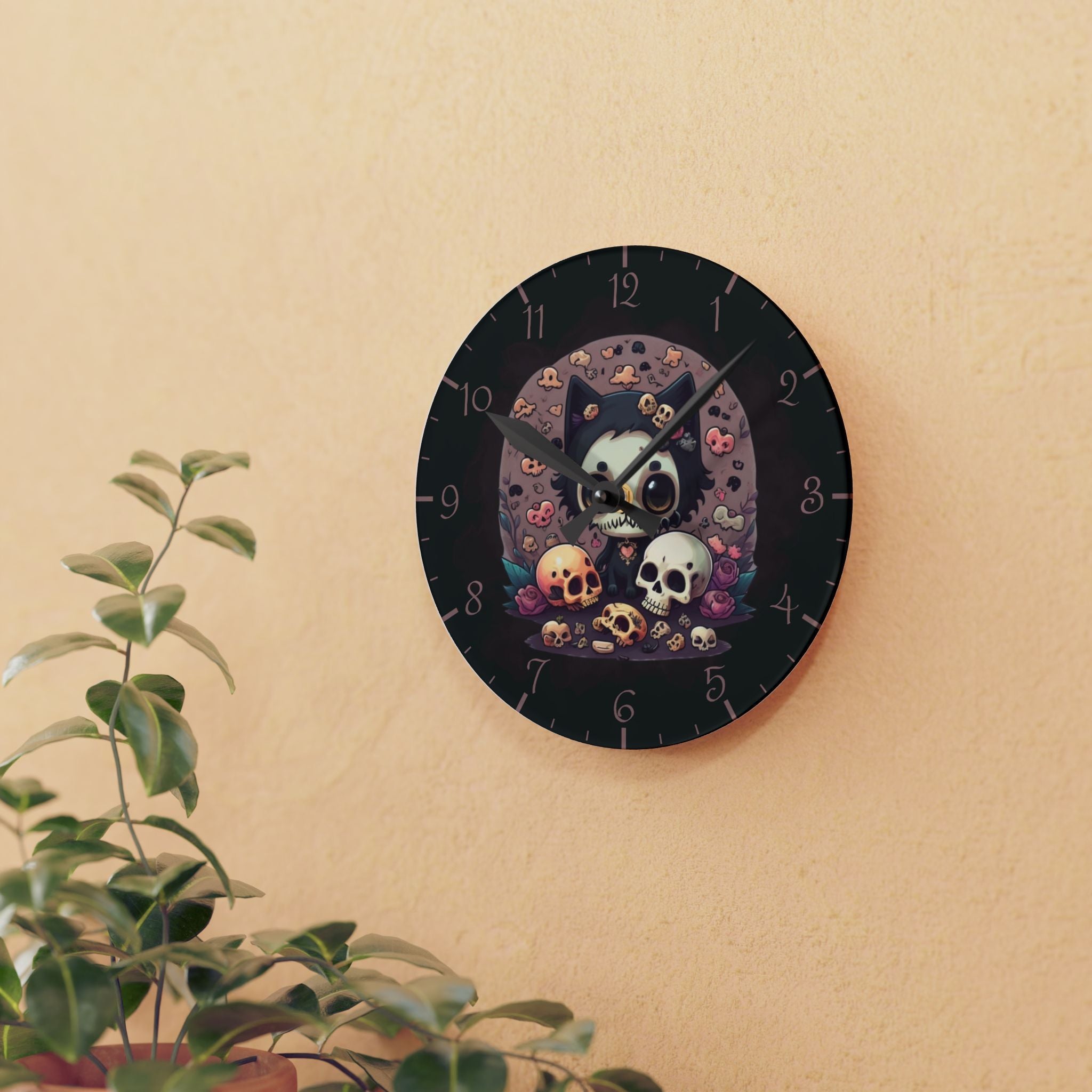 Skull Face Goth Cat Wall Clock — Pastel Goth Acrylic Art Print Home Decor