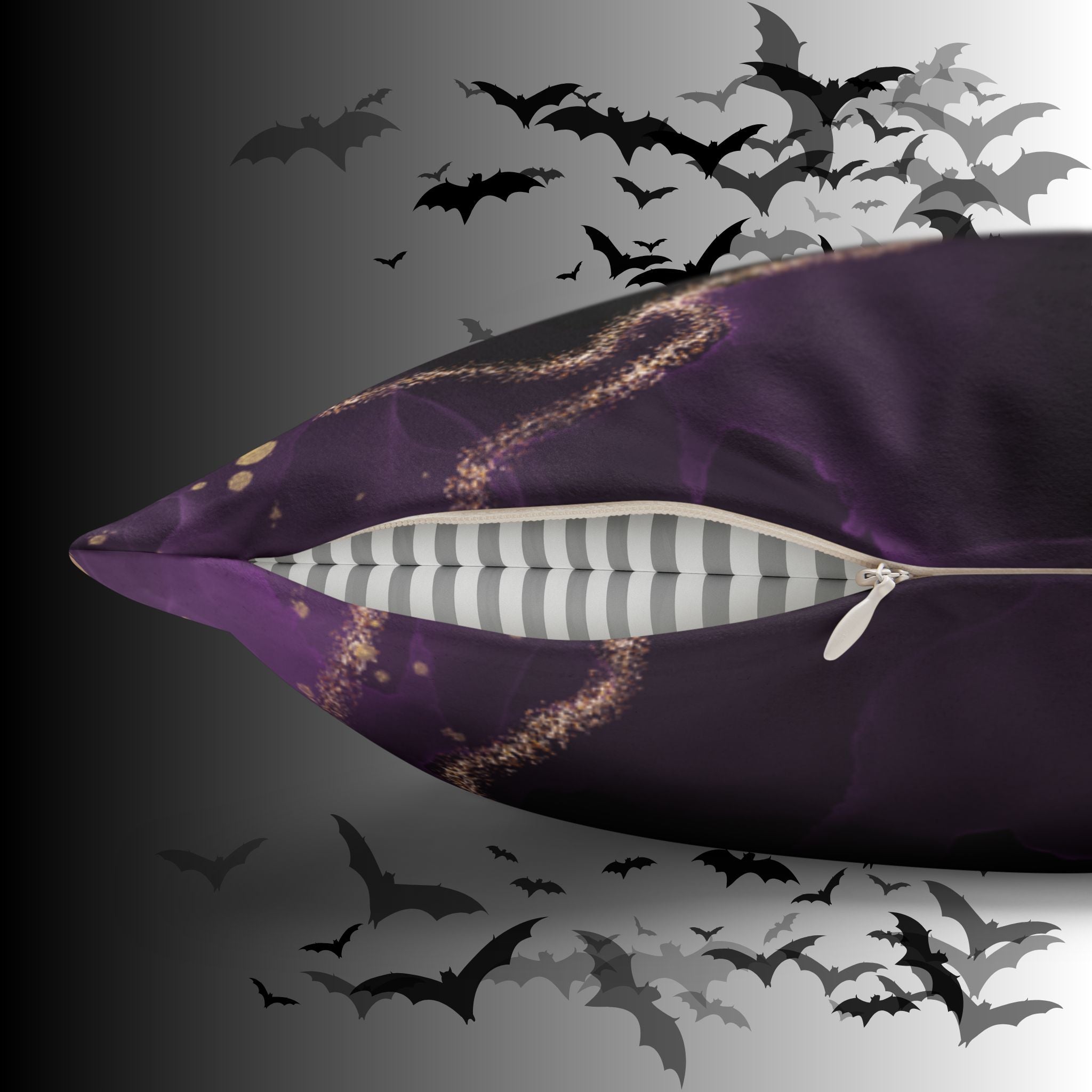Gothic Bat Wing Cat Moon Phases Throw Pillow — Purple Celestial Dark Home Decor
