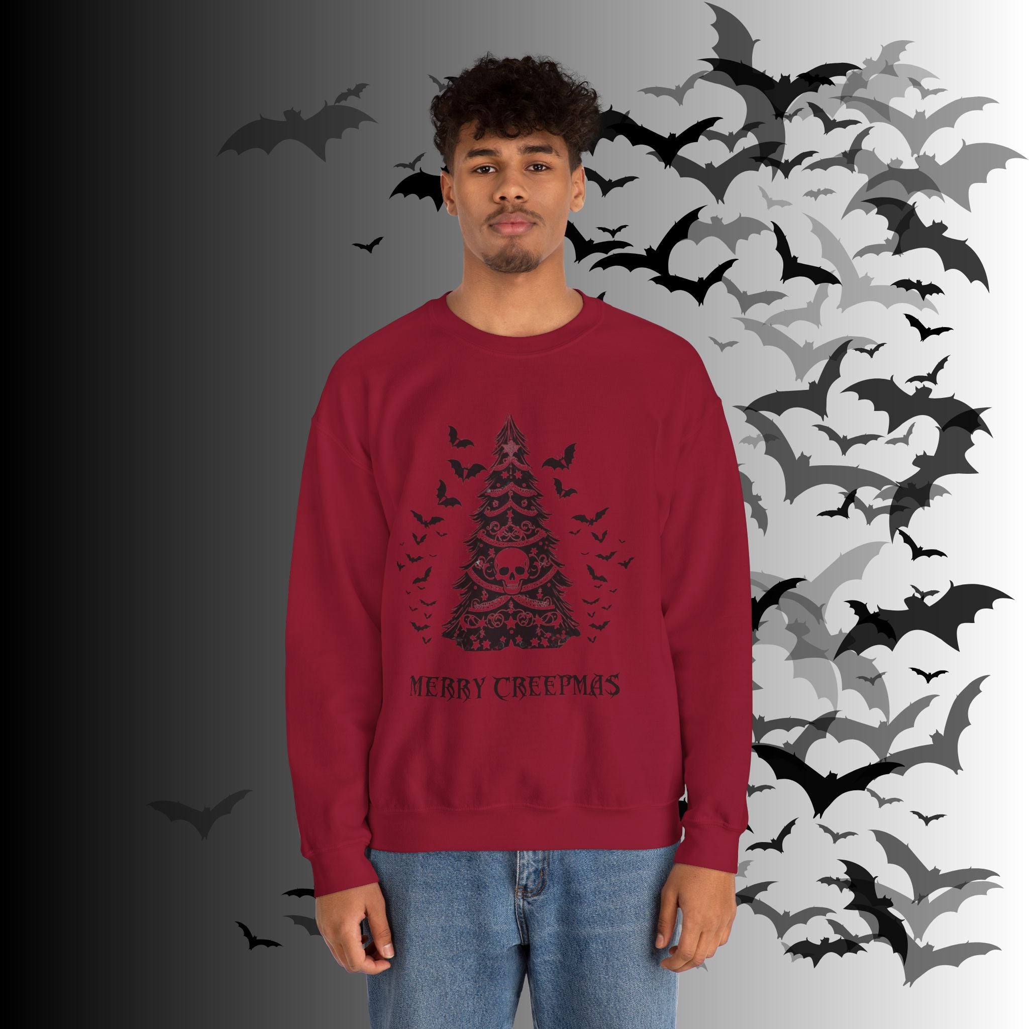 Merry Creepmas Tree Crewneck Sweatshirt — Gothic Christmas Skull Bat