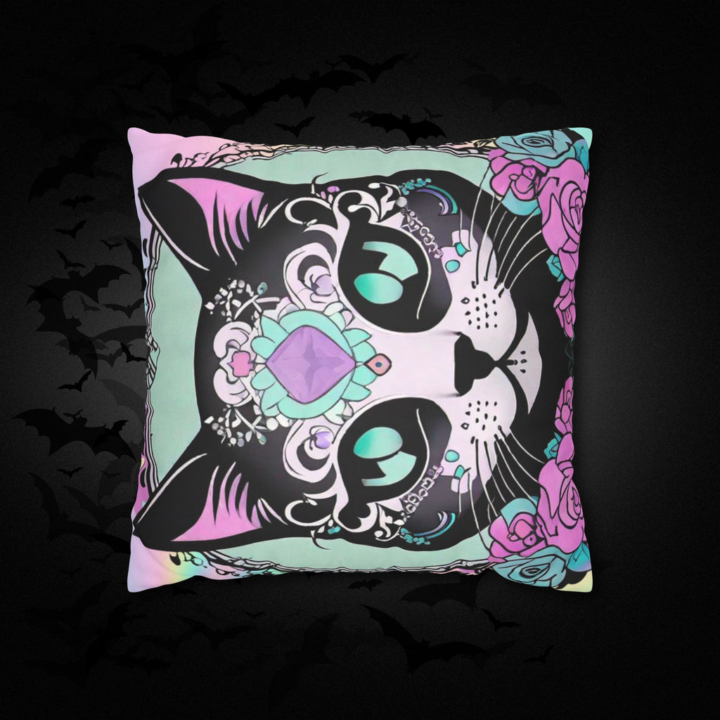 Pastel Goth Sugar Skull Cat Throw Pillow — Floral Gothic Home Decor
