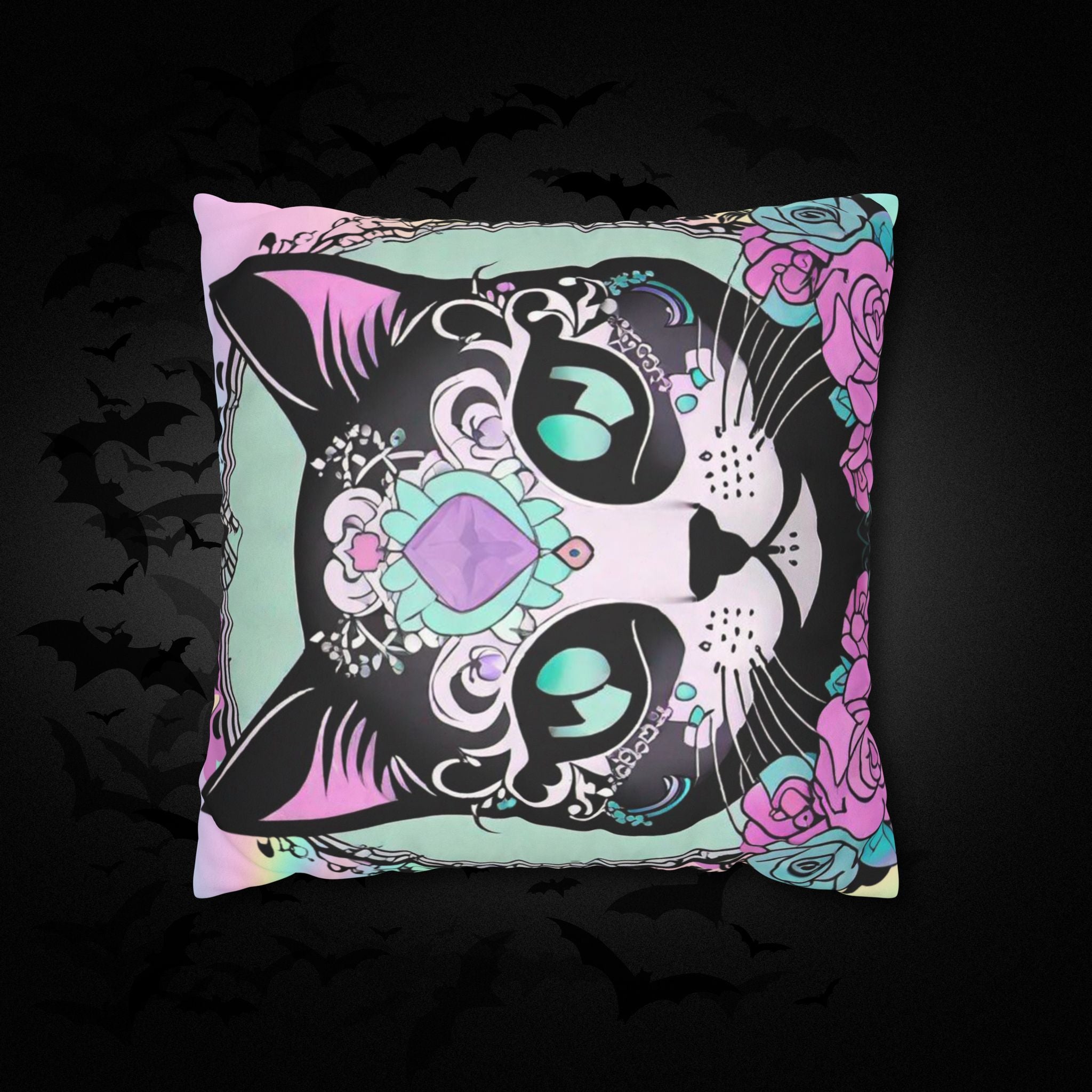 Pastel Goth Sugar Skull Cat Throw Pillow — Floral Gothic Home Decor