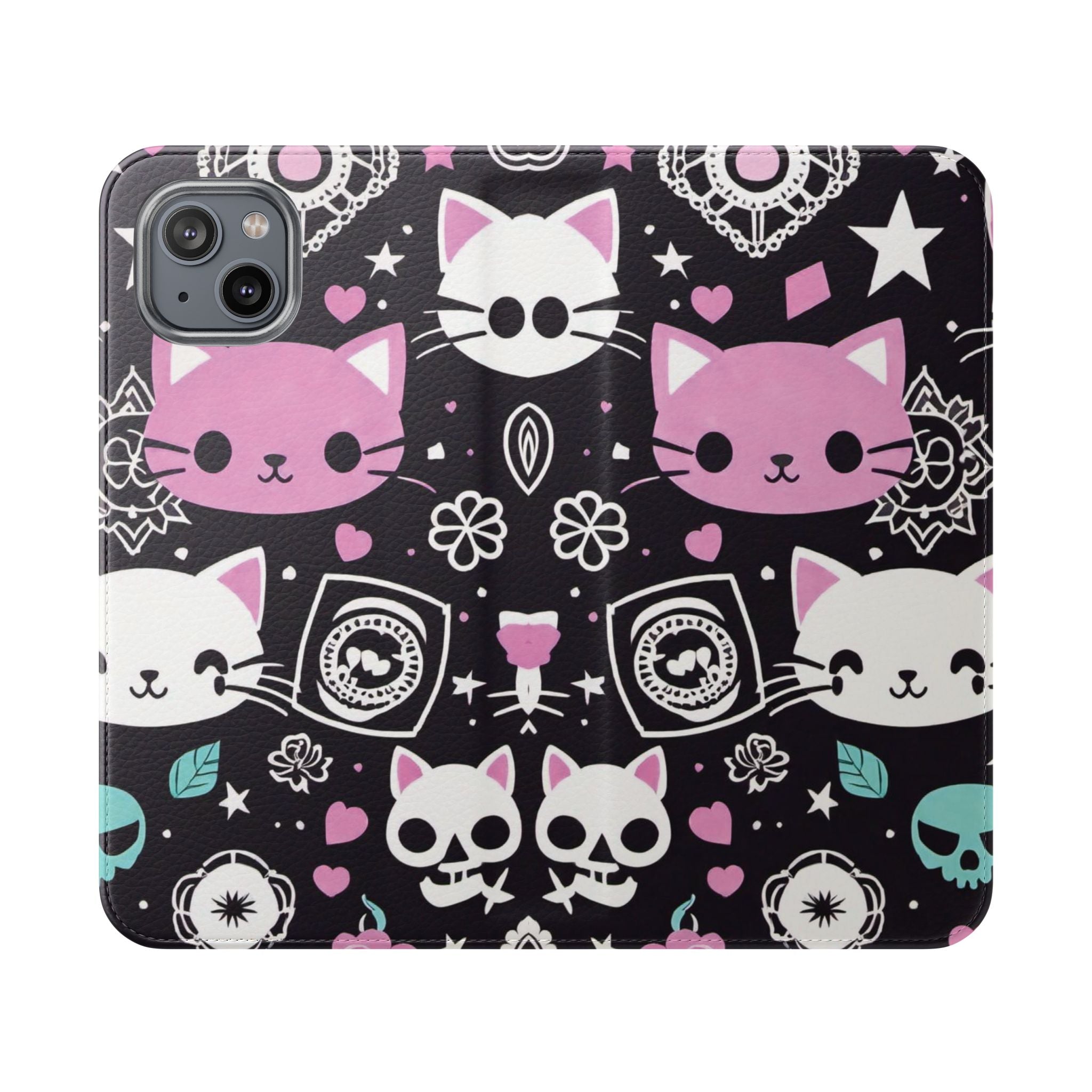 Pastel Goth Cat Flip Wallet Phone Case - Goth Cat Wallet Case for Samsung iPhone - Gothic Style Cats Wallet Phone Cases