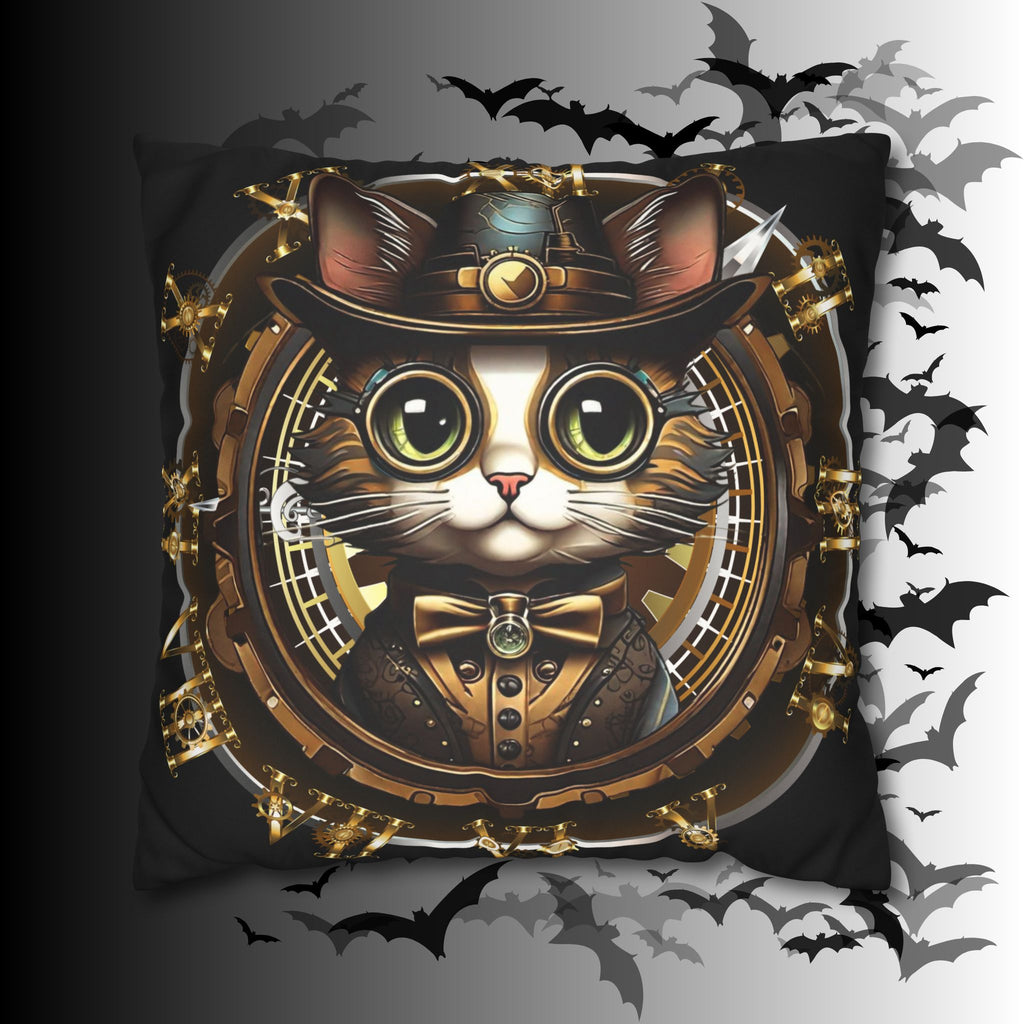 Steampunk Cat Throw Pillow — Vintage Industrial Gothic Home Decor