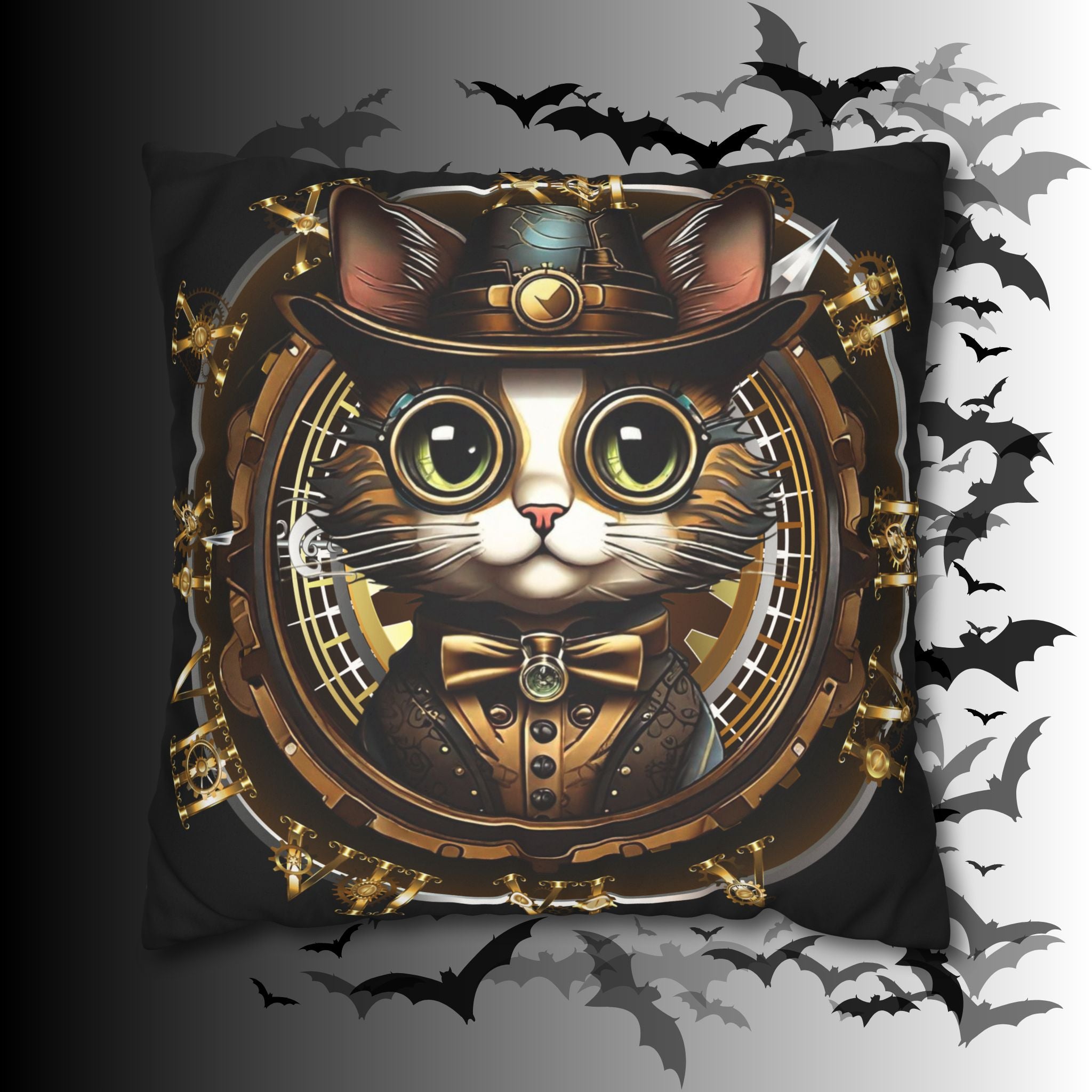 Steampunk Cat Throw Pillow — Vintage Industrial Gothic Home Decor