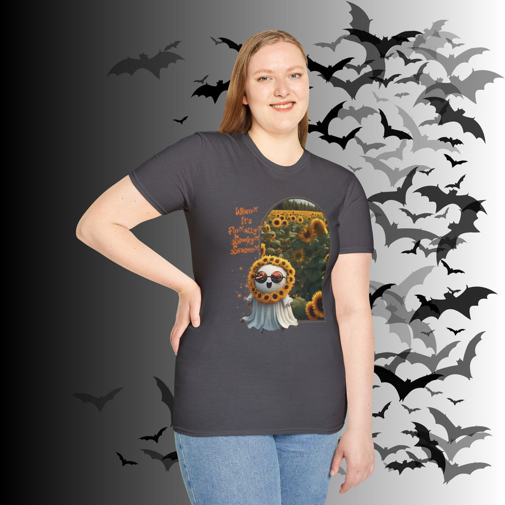 "When It's Finally Spooky Season" Ghost Sunflower T-Shirt — Halloween Tee