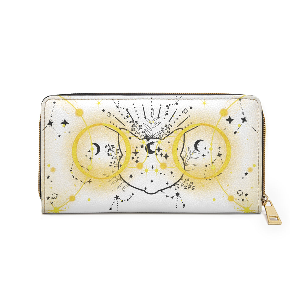 Celestial Cat Face Constellation Wallet | Witchy Faux Leather Zipper Clutch
