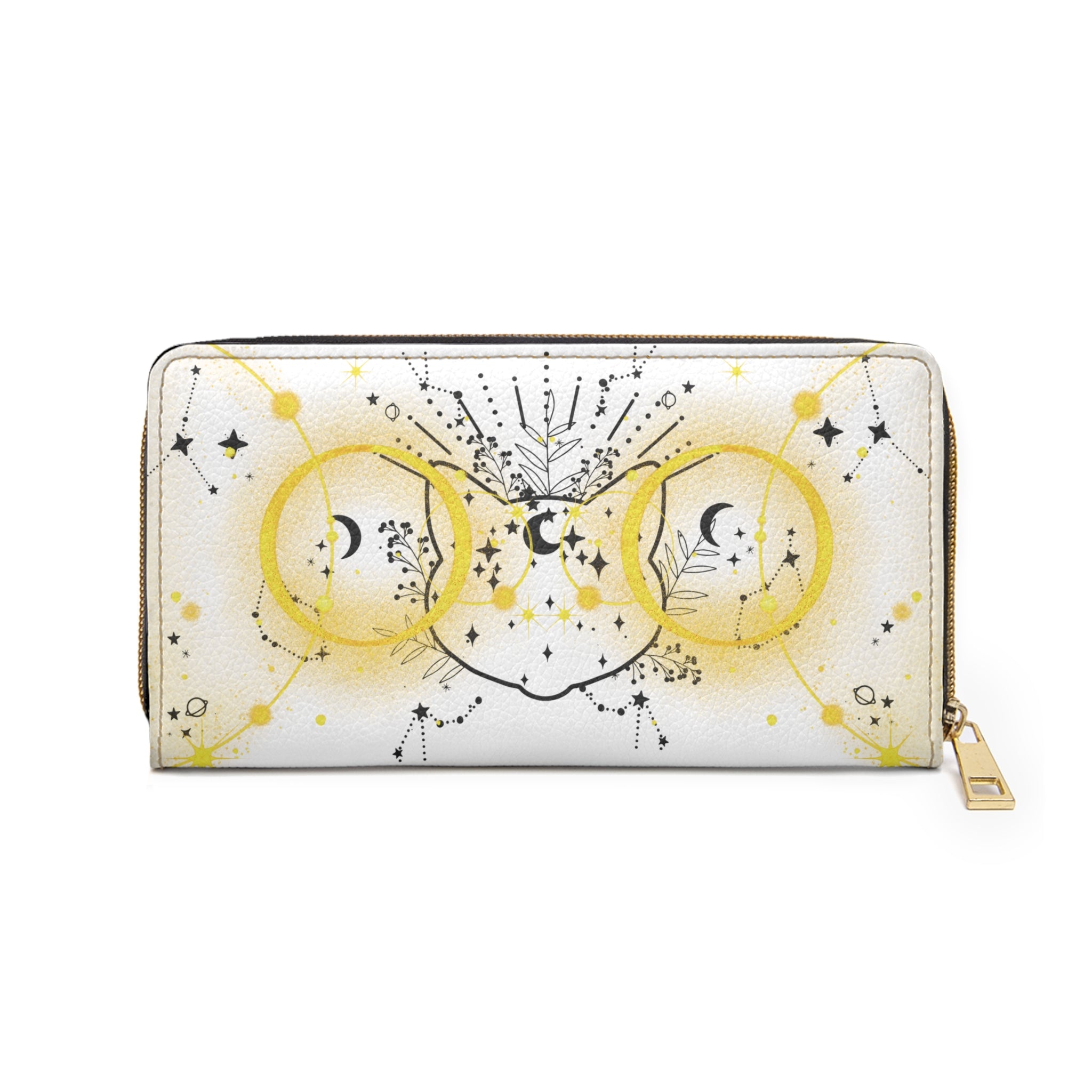 Celestial Cat Face Constellation Wallet | Witchy Faux Leather Zipper Clutch