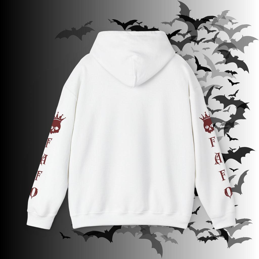 I Identify As a Threat Hoodie — Gothic Skull Sleeve Print Fuck Around Find Out