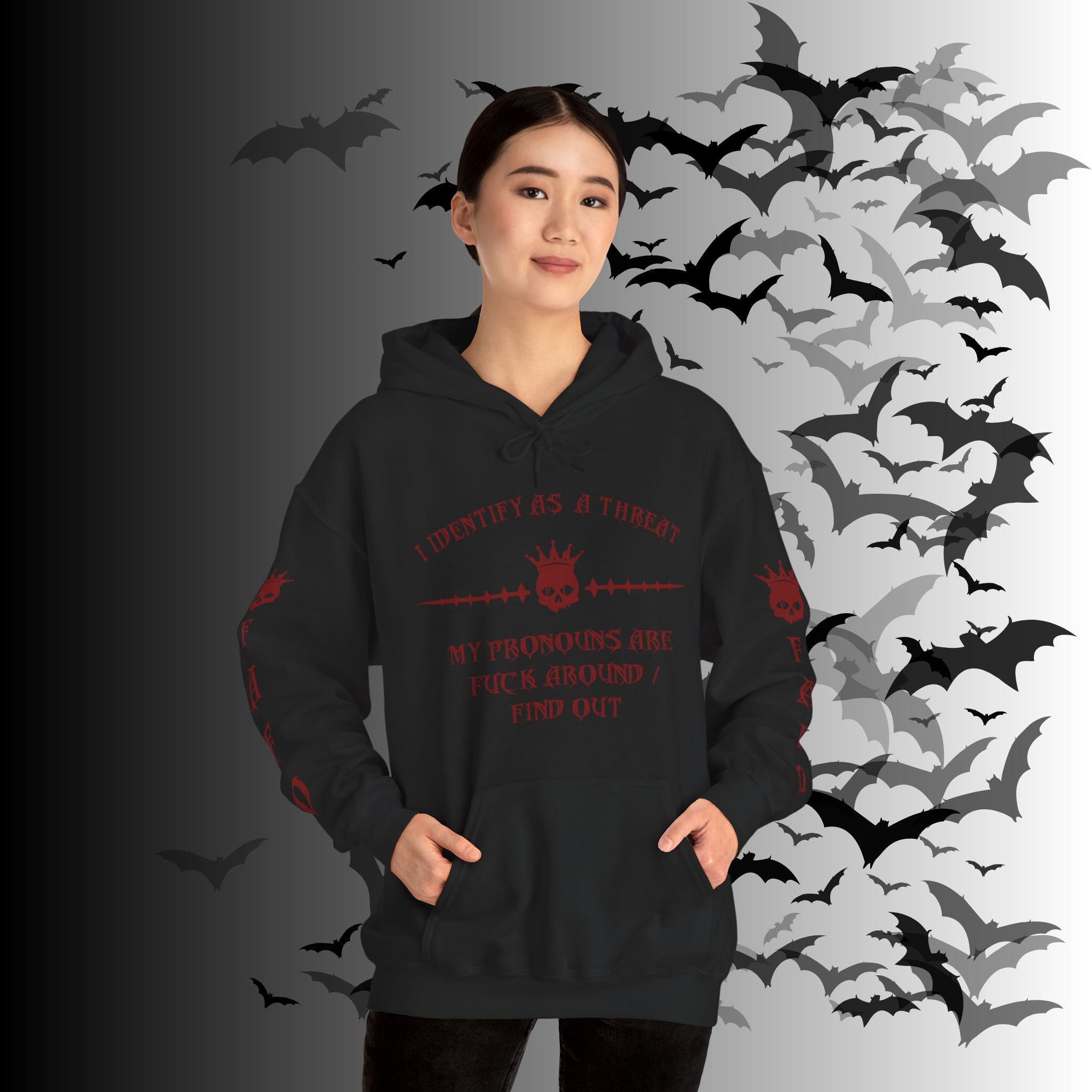 I Identify As a Threat Hoodie — Gothic Skull Sleeve Print Fuck Around Find Out