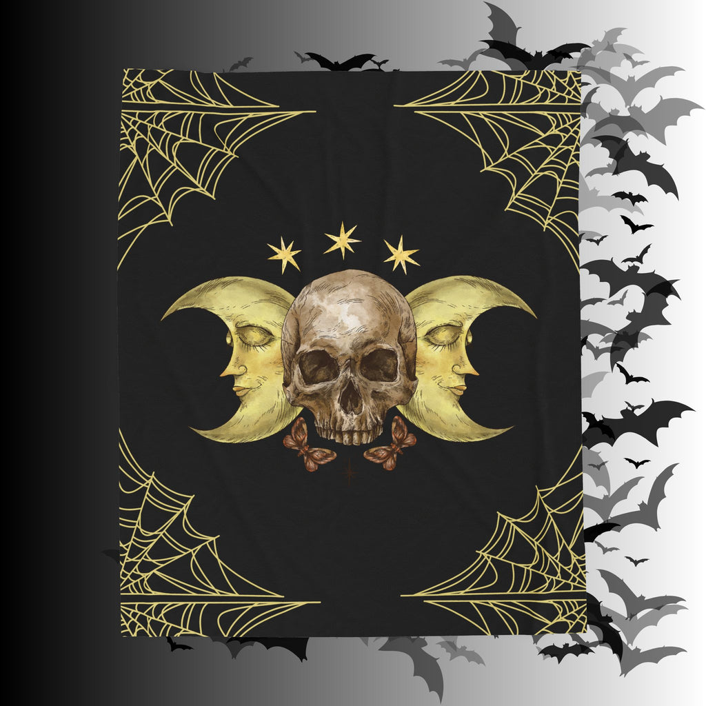 Gothic Gold Moon Skull Throw Blanket — Moonlit Halloween Home Decor
