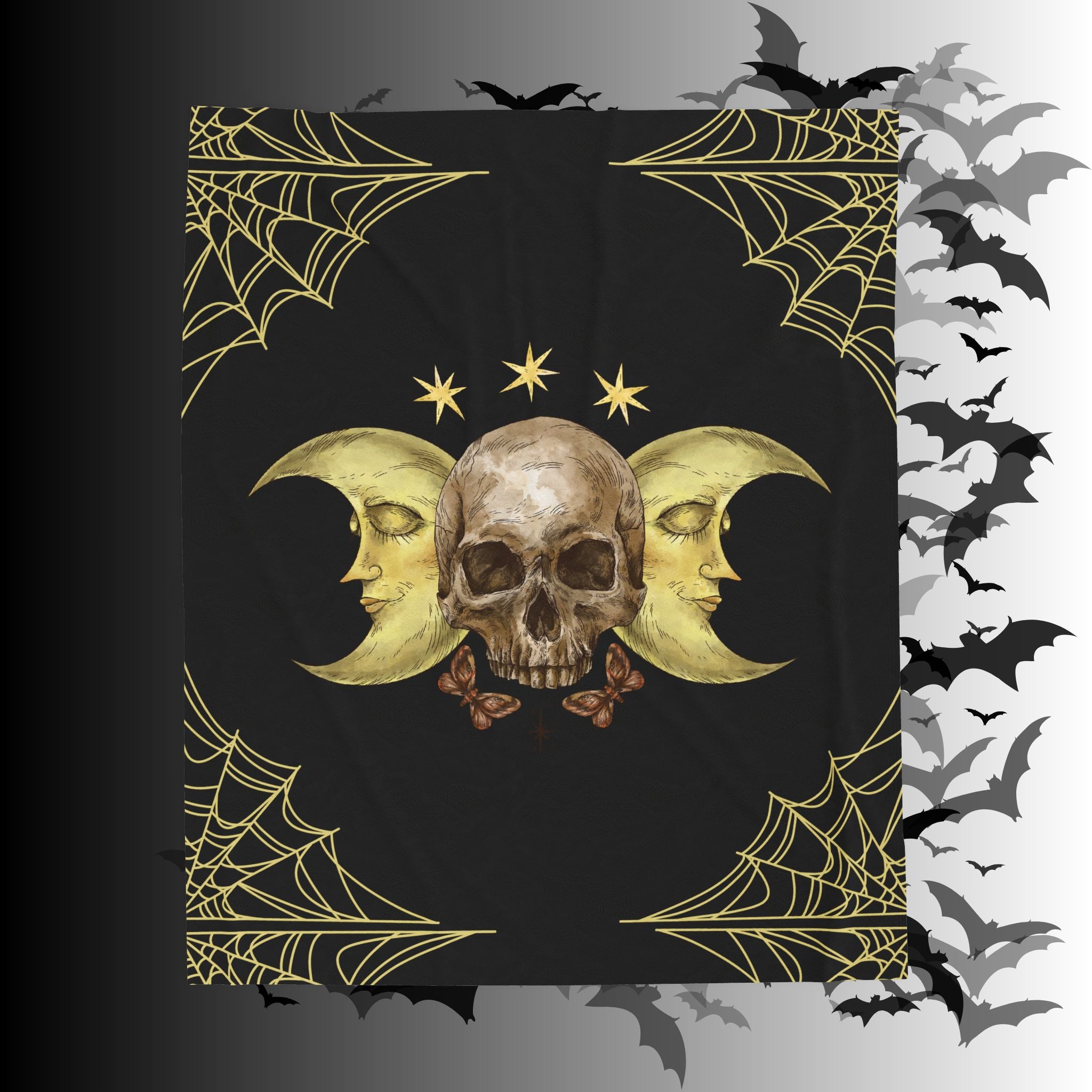 Gothic Gold Moon Skull Throw Blanket — Moonlit Halloween Home Decor