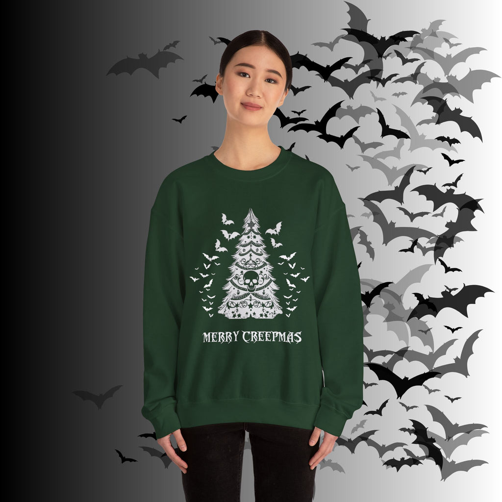 Merry Creepmas Tree Crewneck Sweatshirt — Gothic Christmas Skull Bat