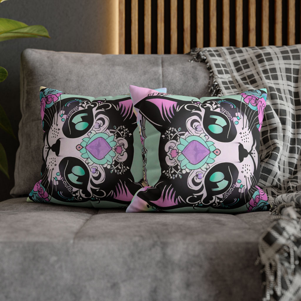 Pastel Goth Sugar Skull Cat Throw Pillow — Floral Gothic Home Decor