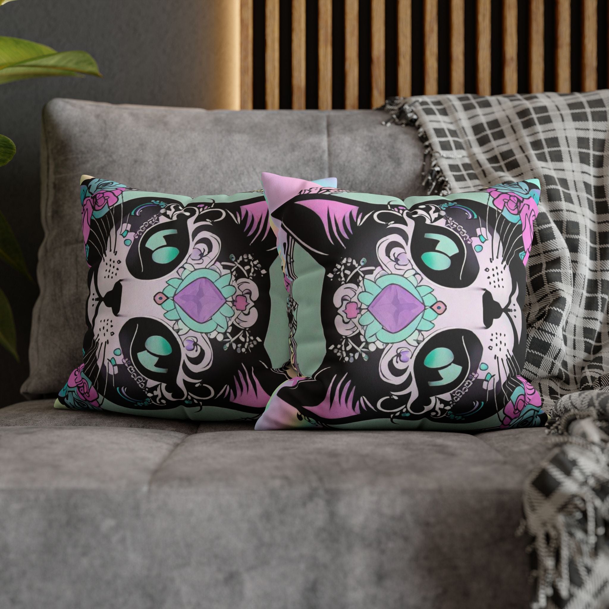 Pastel Goth Sugar Skull Cat Throw Pillow — Floral Gothic Home Decor