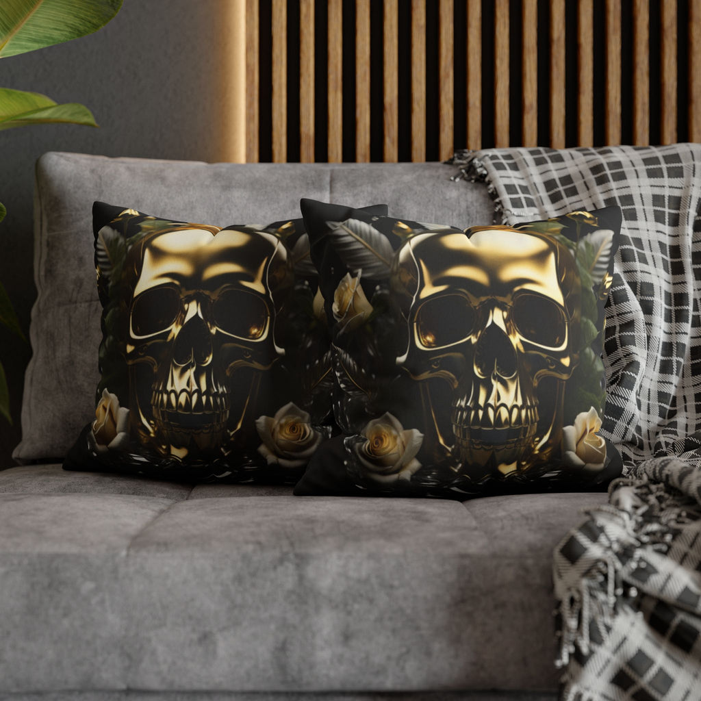 Gold Skull Botanical Throw Pillow — Dark Floral Gothic Home Decor