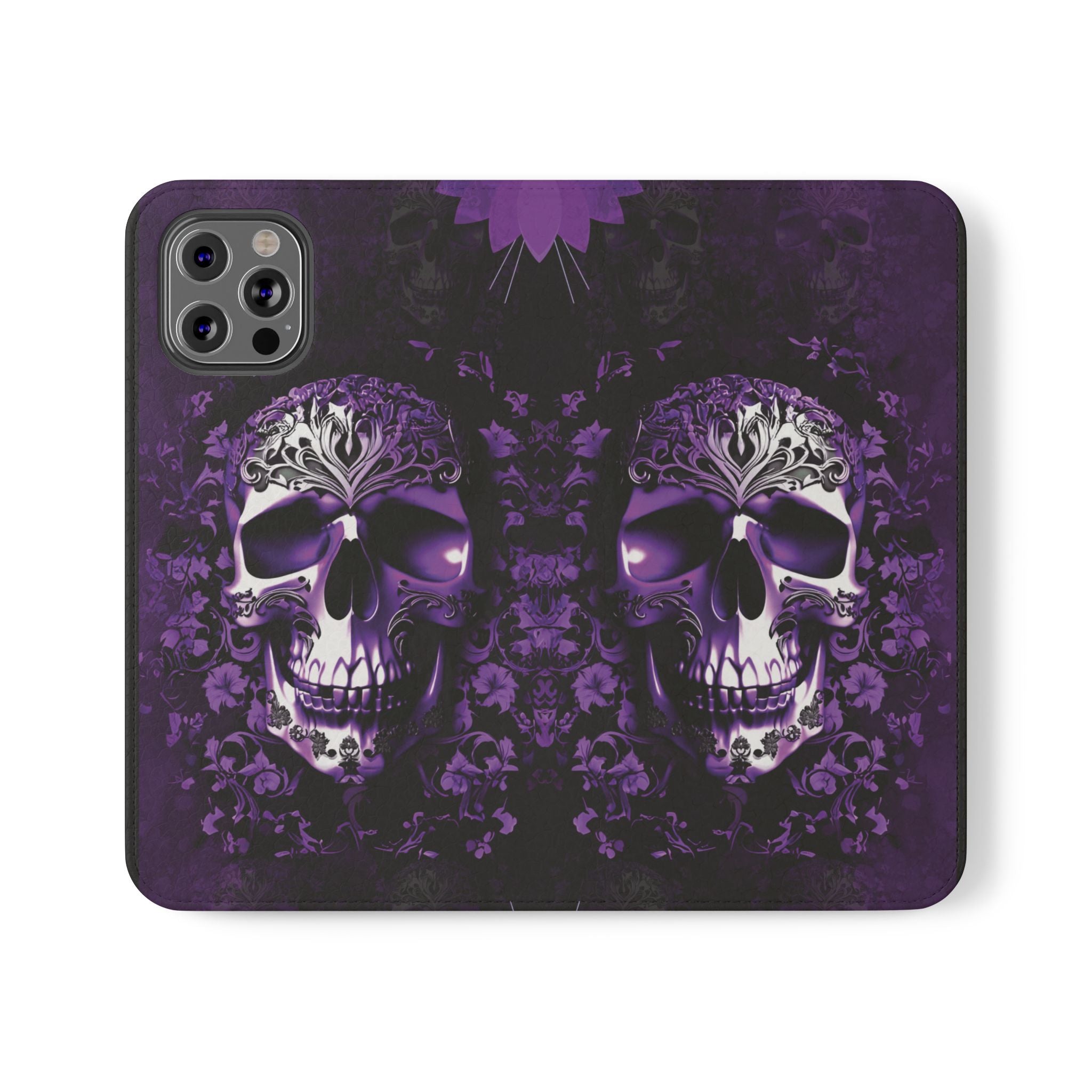 Purple Pastel Goth Skull Flip Wallet Phone Case - Skull Wallet Case for Samsung iPhone - Gothic Style Skull Wallet Phone Cases