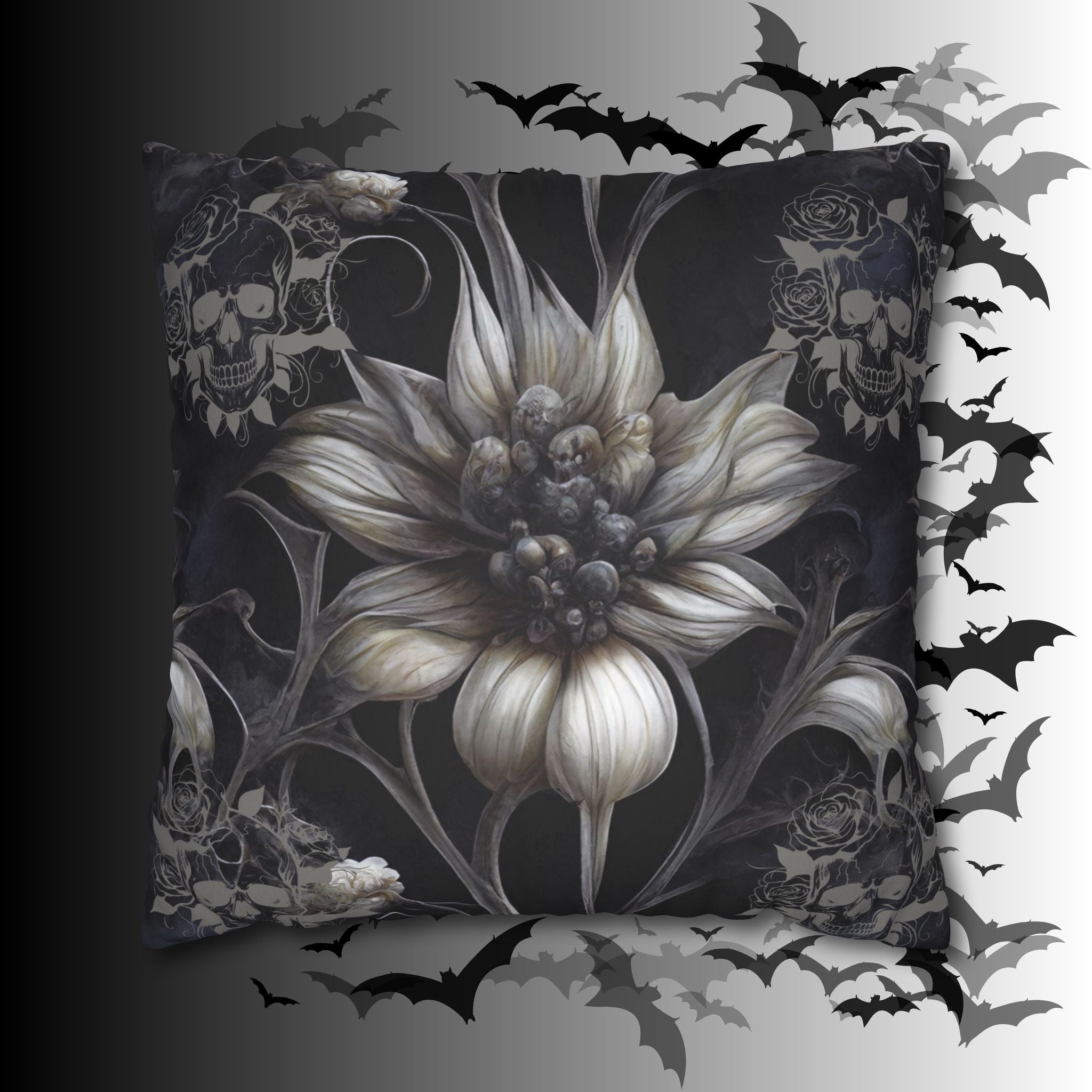 Gothic Skull Botanical Sunflower Throw Pillow — Dark Floral Home Decor