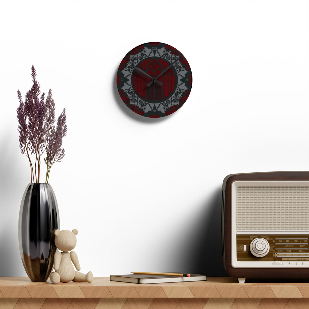 Gothic Cathedral Bats Wall Clock — Black Red Acrylic Art Print Home Decor