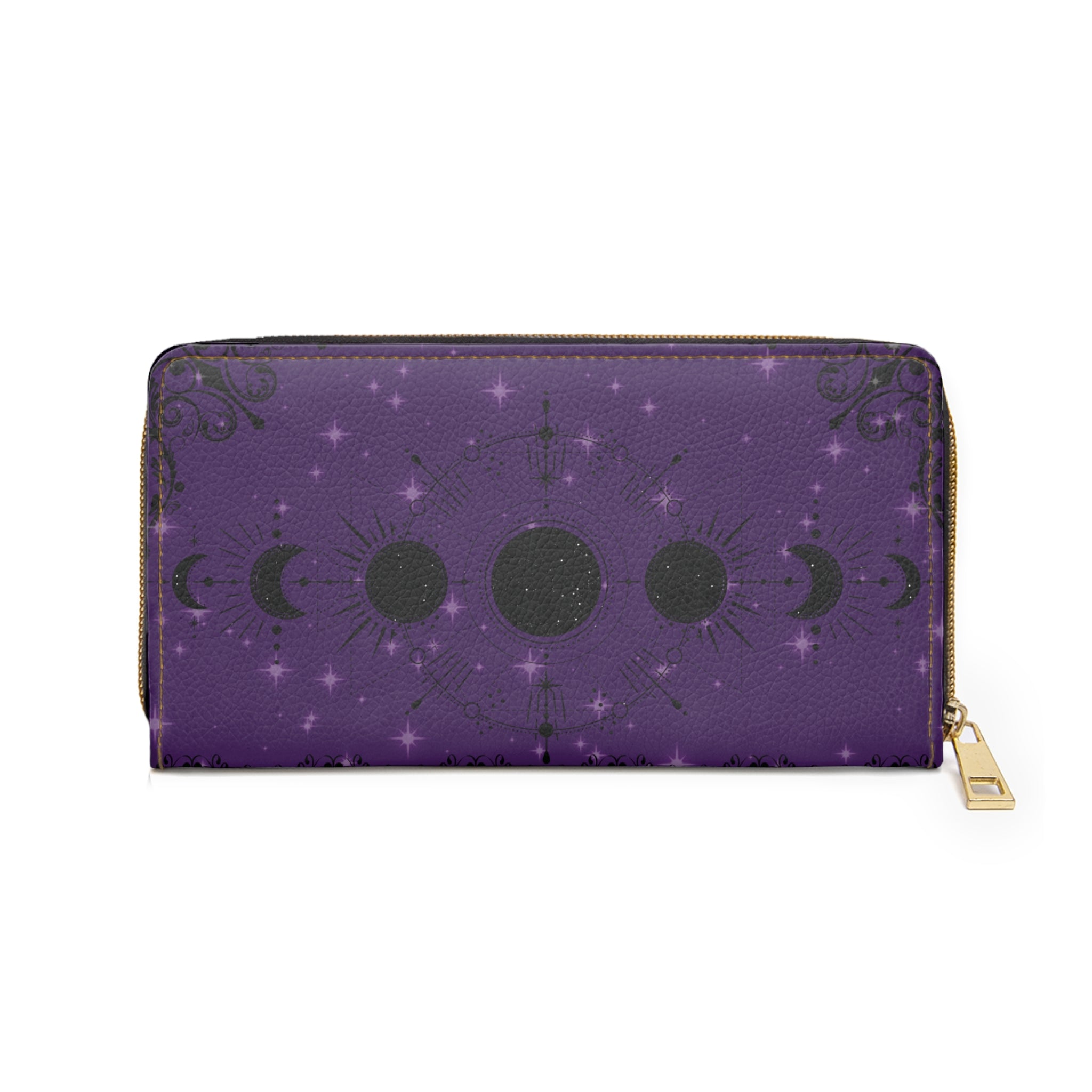 Gothic Gem Tone Moon Phase Wallet | Amethyst Ruby Emerald Faux Leather Zipper Clutch