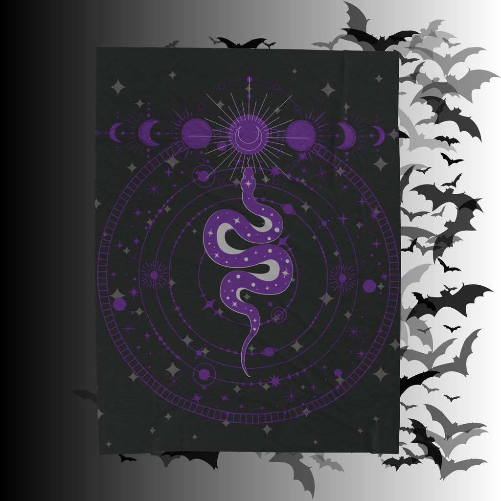 Gothic Celestial Snake Moon Phase Throw Blanket — Purple & Black Witchy Decor