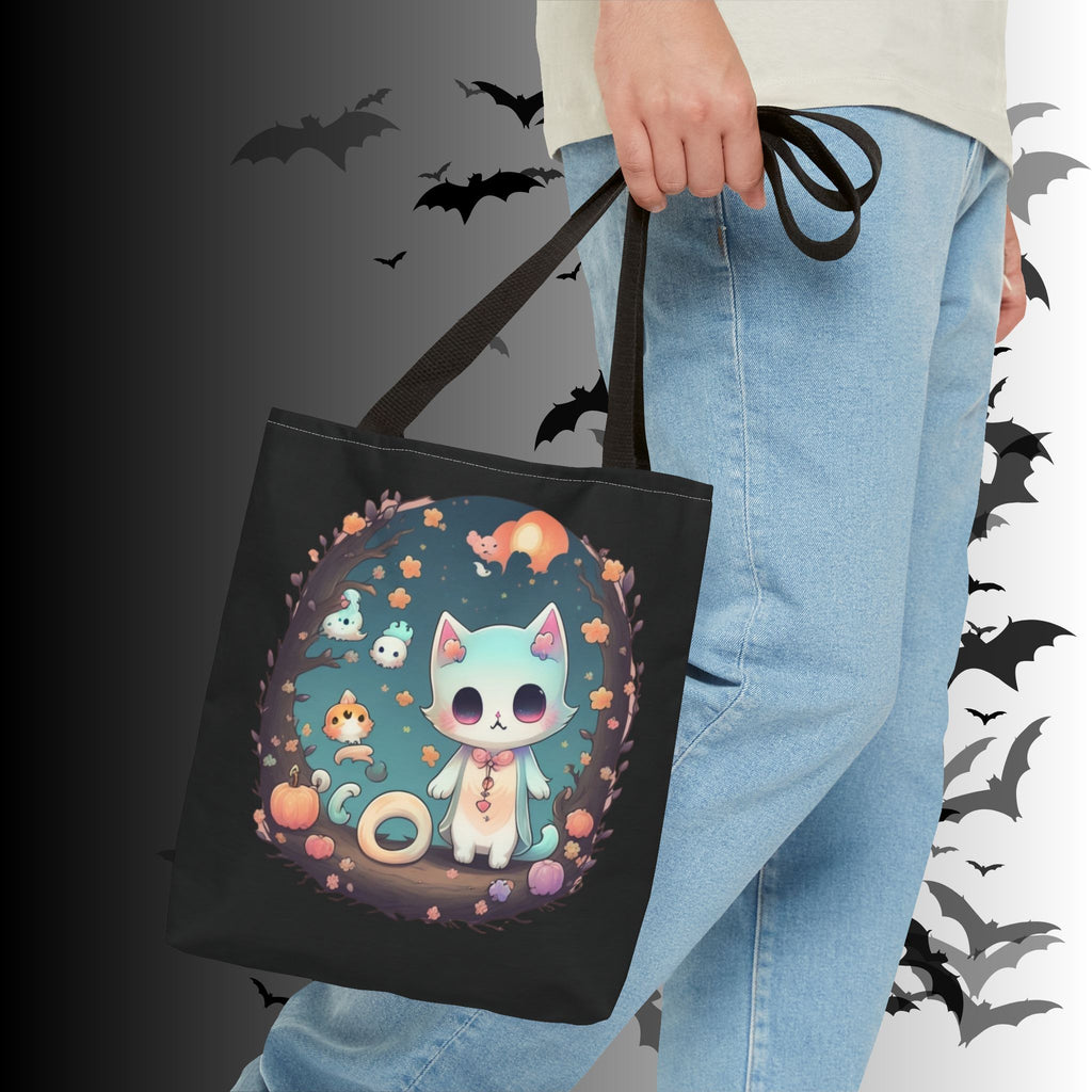 Pastel Goth Kawaii Cat Halloween Tote Bag — Moonlit Forest Scene