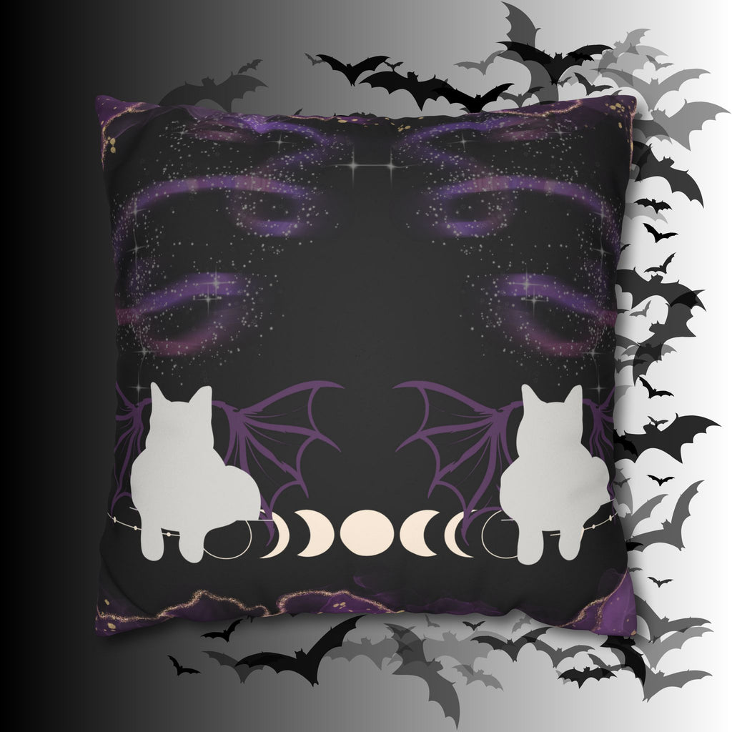 Gothic Bat Wing Cat Moon Phases Throw Pillow — Purple Celestial Dark Home Decor
