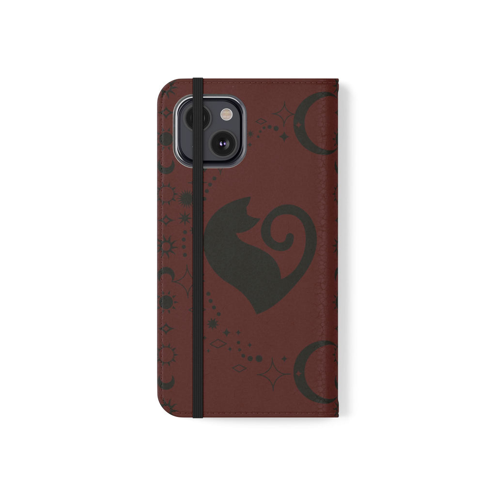 Dark Academia Celestial Black Cat Flip Wallet Case for iPhone and Samsung Galaxy Phones