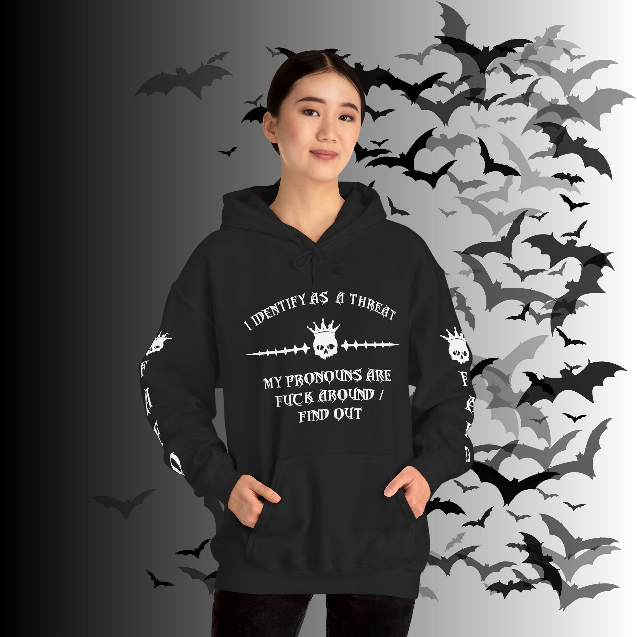 I Identify As a Threat Hoodie — Gothic Skull Sleeve Print FAFO Black