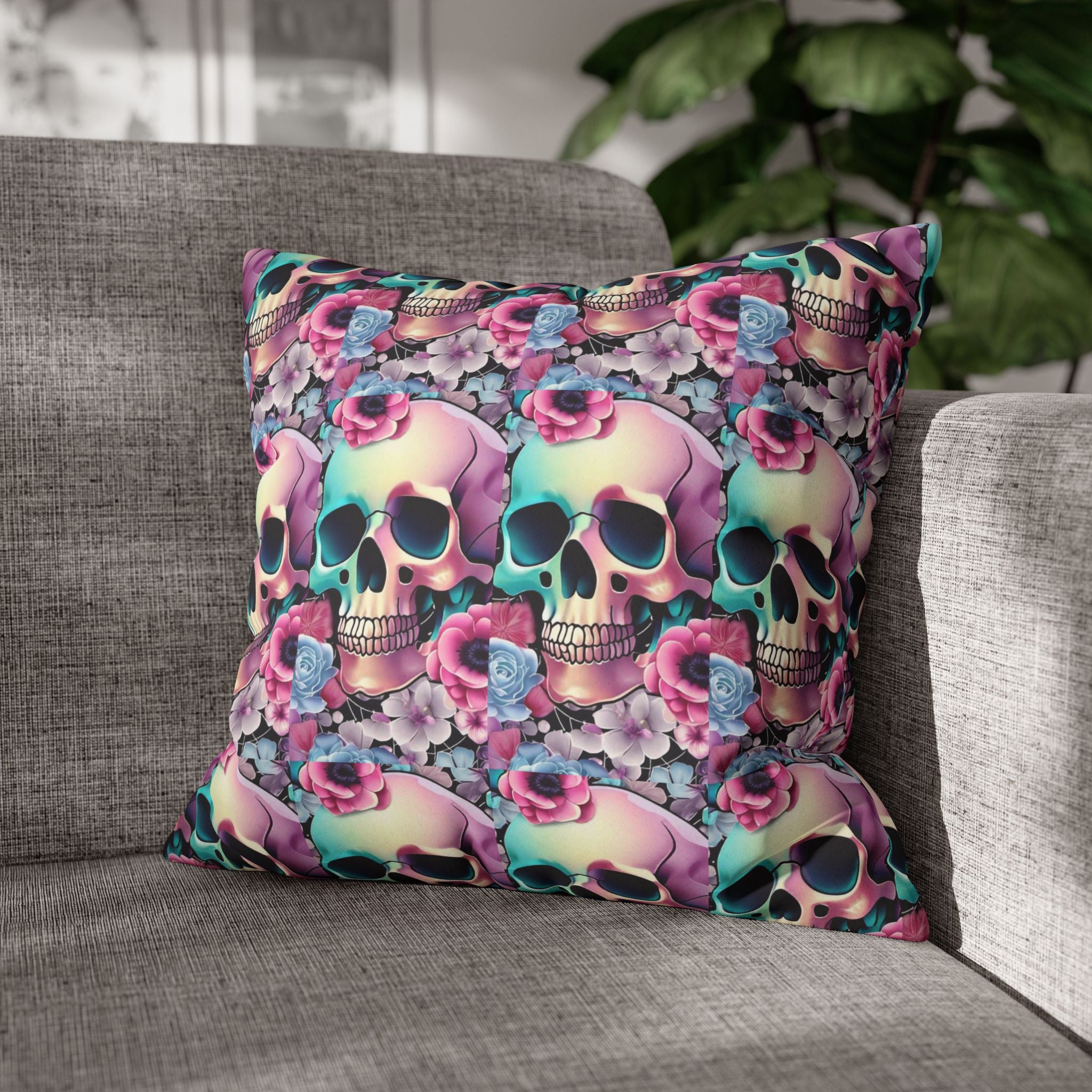 Pastel Goth Floral Skull Throw Pillow — Dark Floral Emo Home Decor